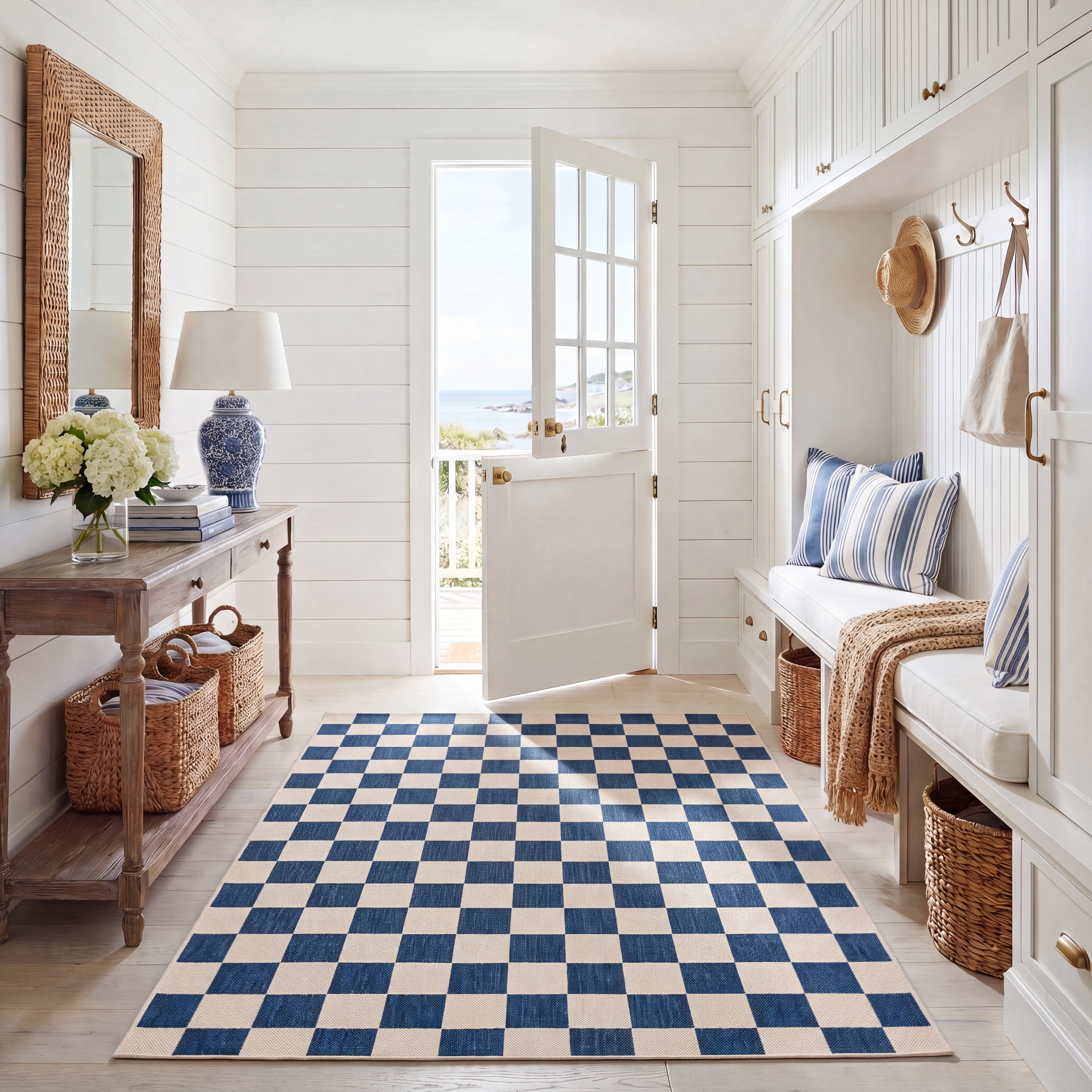 Safavieh Courtyard Talbot Checkered Indoor/Outdoor Area Rug, Navy/Beige, 5'3" x 7'6"