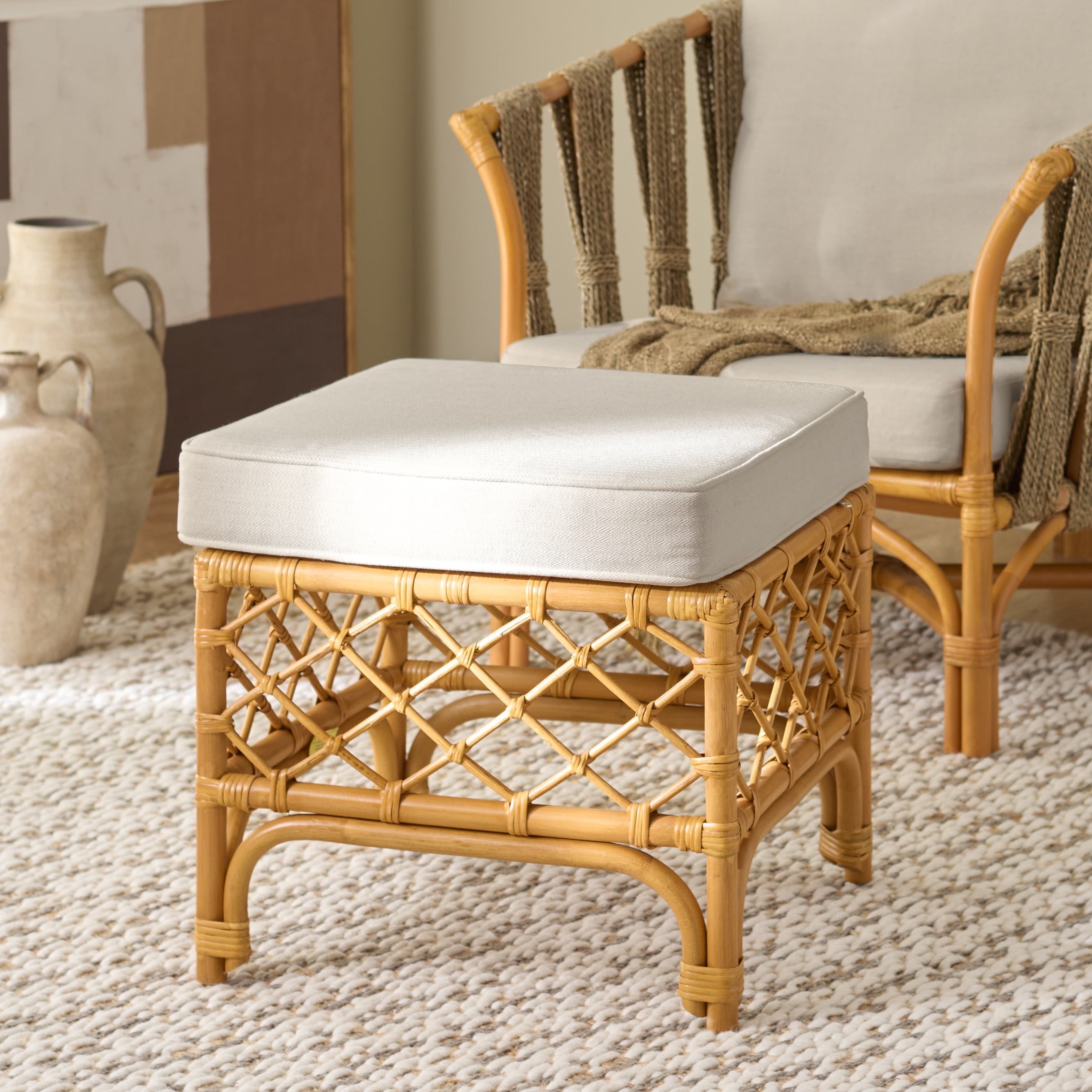 Safavieh Couture Cherilynn Rattan Pole Ottoman, Natural/White