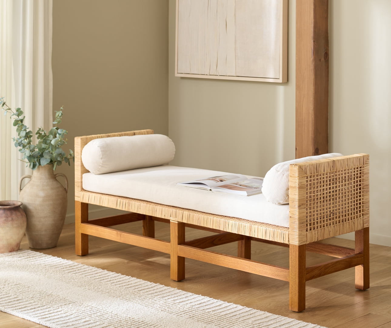 Safavieh Couture Cryslene Teakwood Upholstered Bench, Natural/White