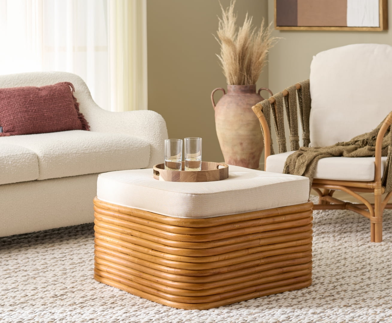 Safavieh Couture Flanders Rattan Pole Coktail Ottoman, Natural/White