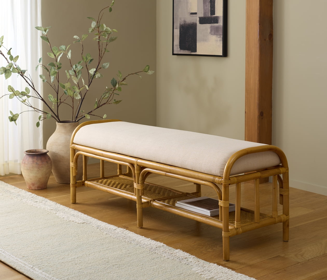 Safavieh Couture Flanders Rattan Pole Upholstered Bench, Natural/White