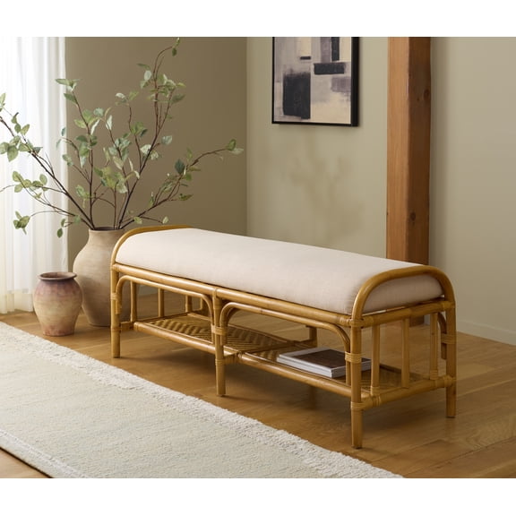 Safavieh Couture Flanders Rattan Pole Upholstered Bench, Natural/White