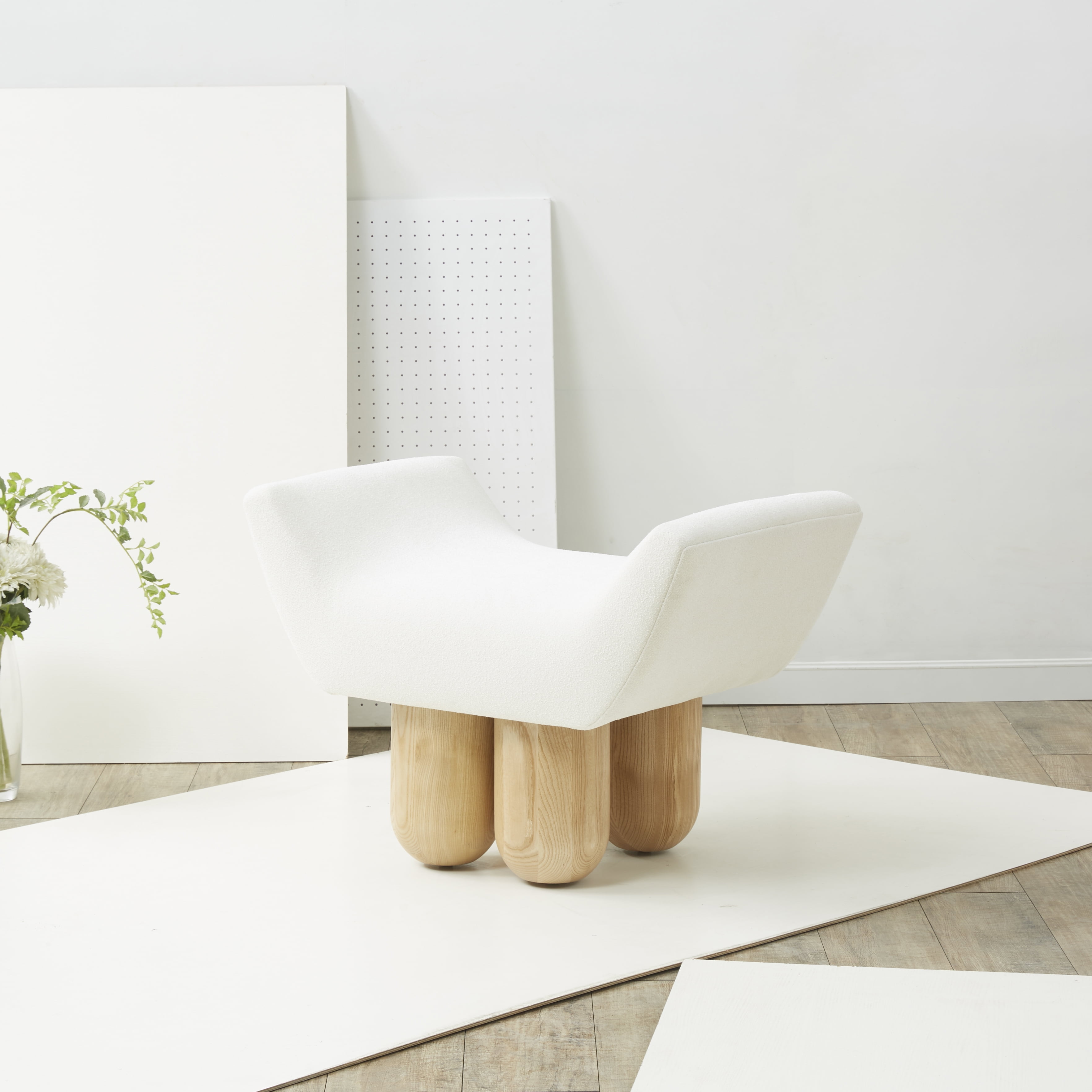 Ivory Boucle Upholstered Footstool with Sculpted Ashwood Legs