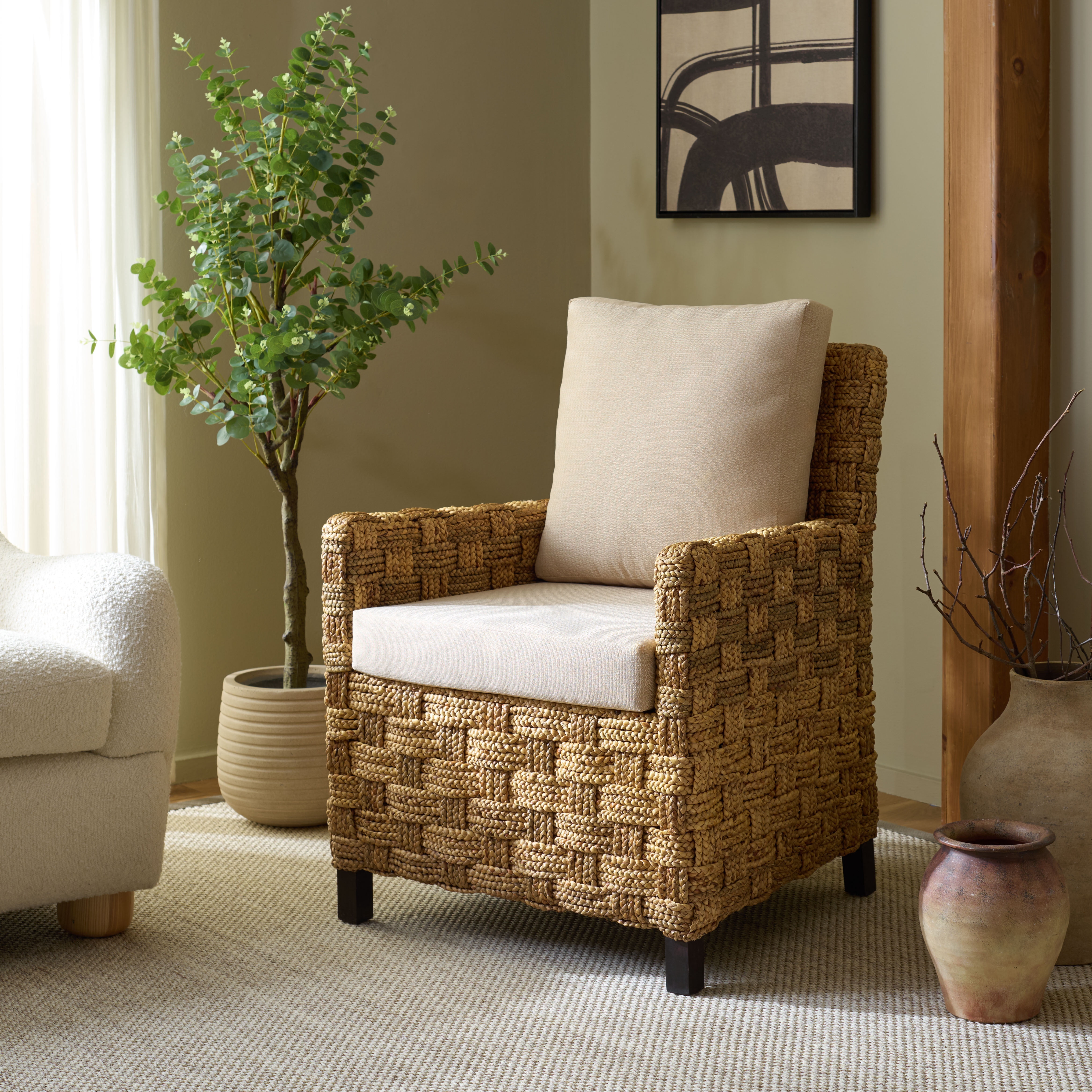 Safavieh Couture Gregory Tall Woven Water Hyacinth Modern Accent Chair, Natural/Beige
