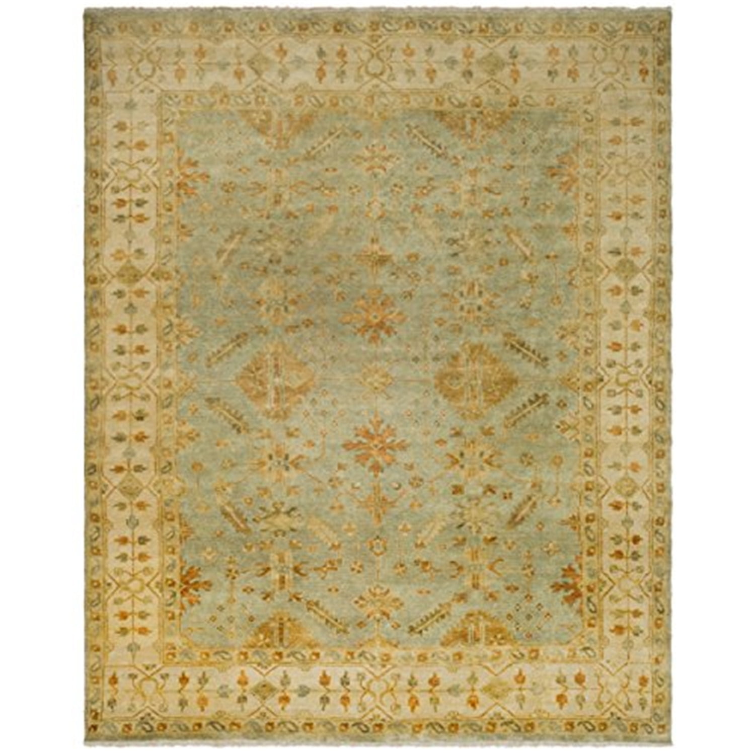 Hand-Knotted Ivory and Soft Green Wool 10' x 14' Rug