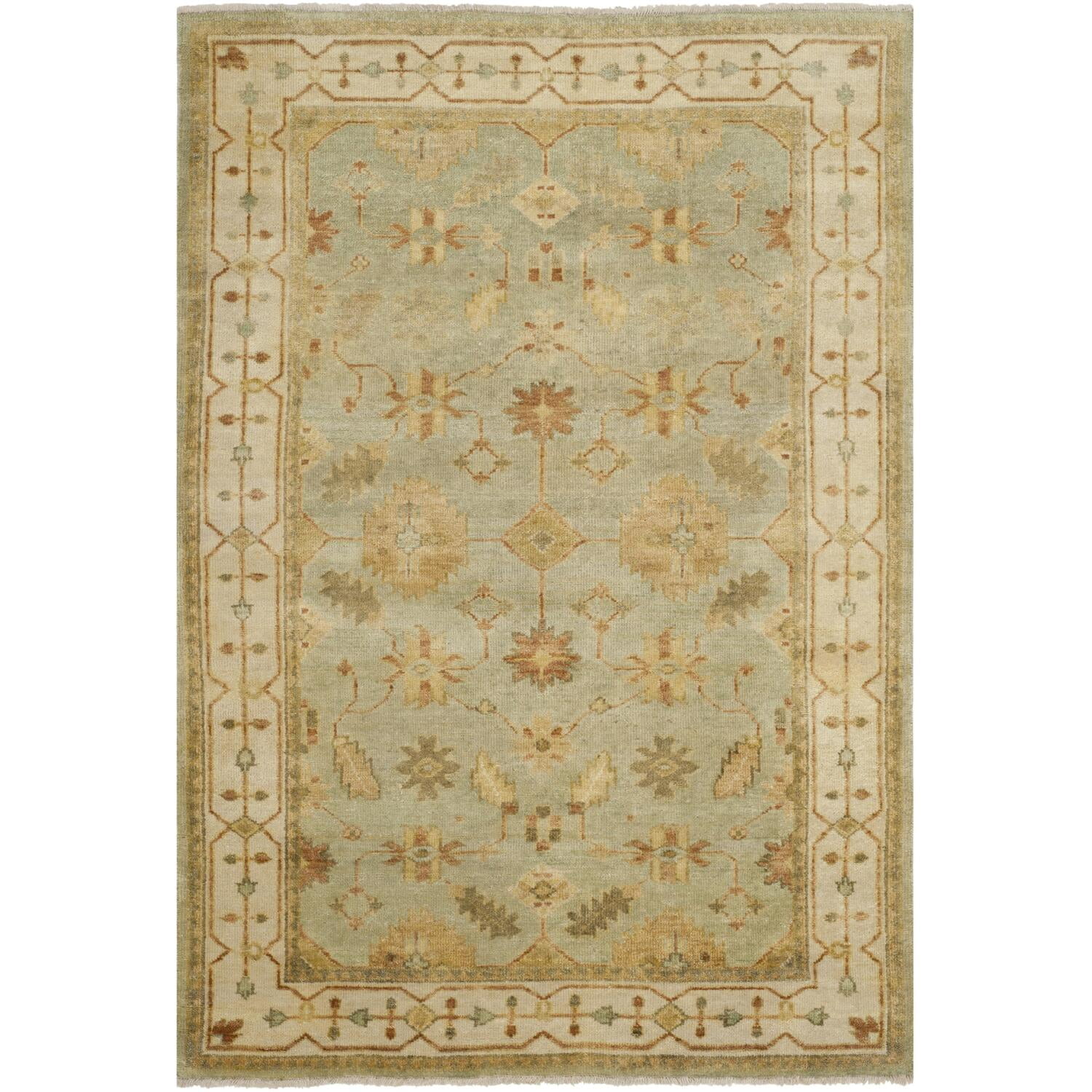 Hand-Knotted Ivory and Soft Green Wool 4' x 6' Rug
