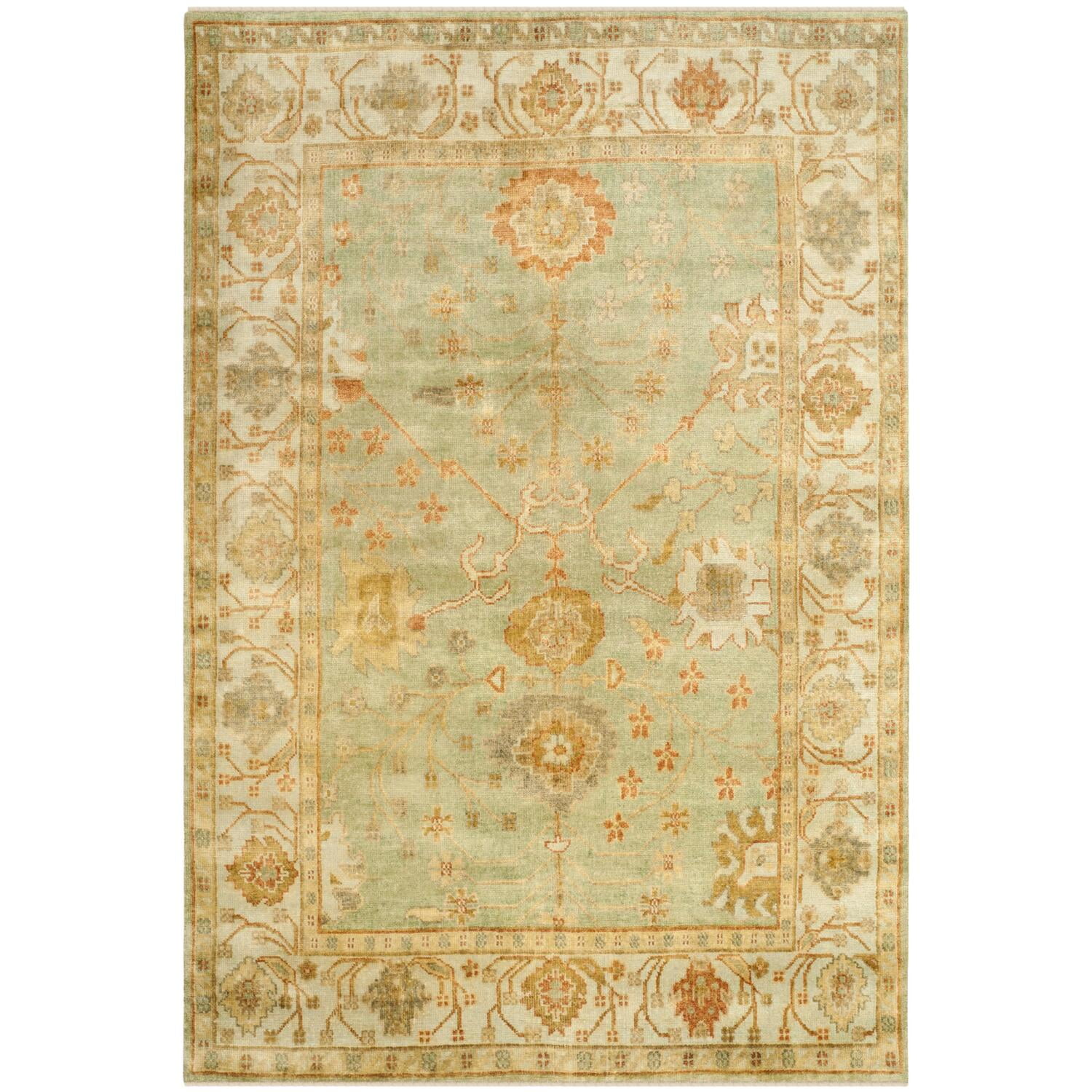 Elegant Oushak Dark and Light Green Hand-Knotted Wool Rug 6' x 9'