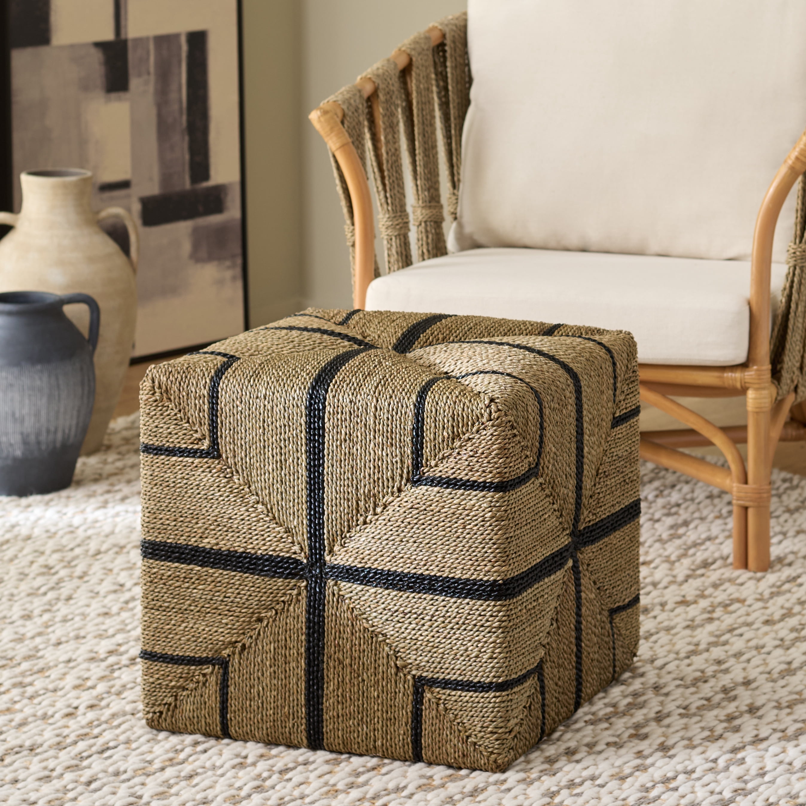 Safavieh Couture Liatasha Woven Seagrass Ottoman, Natural/Black