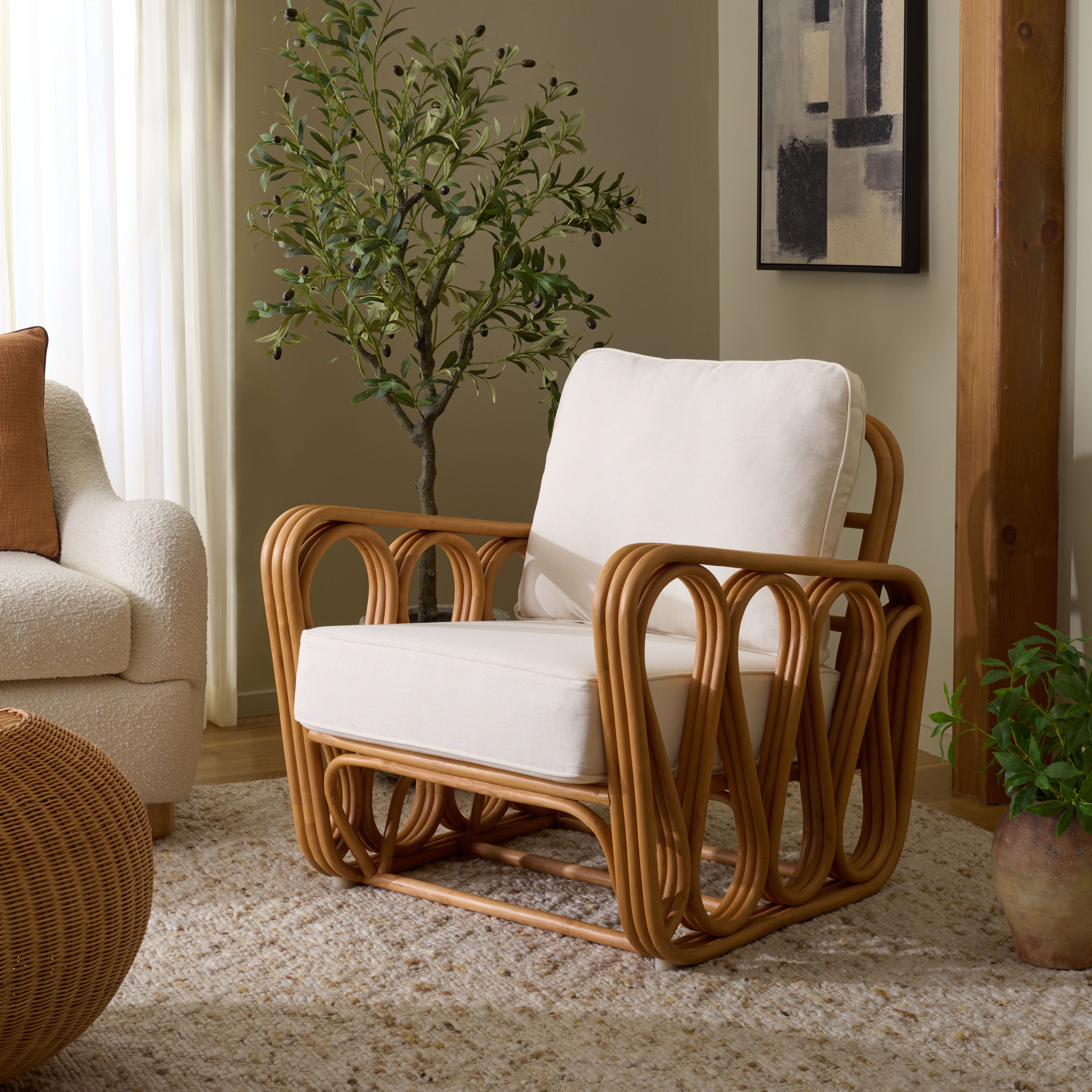 Safavieh Couture Malina Rattan Pole Modern Accent Chair, Natural/White