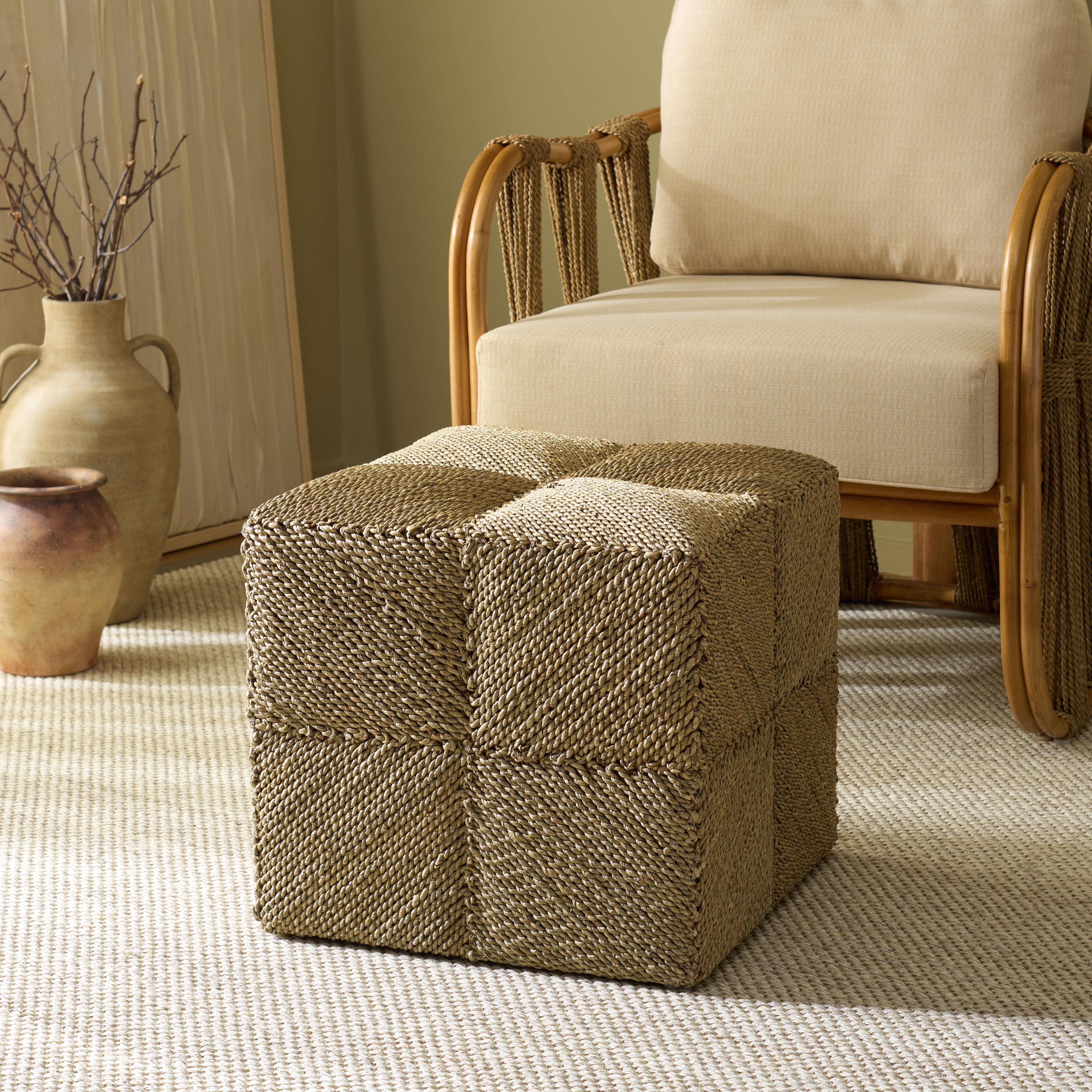 Safavieh Couture Malta Woven Seagrass Square Ottoman, Natural