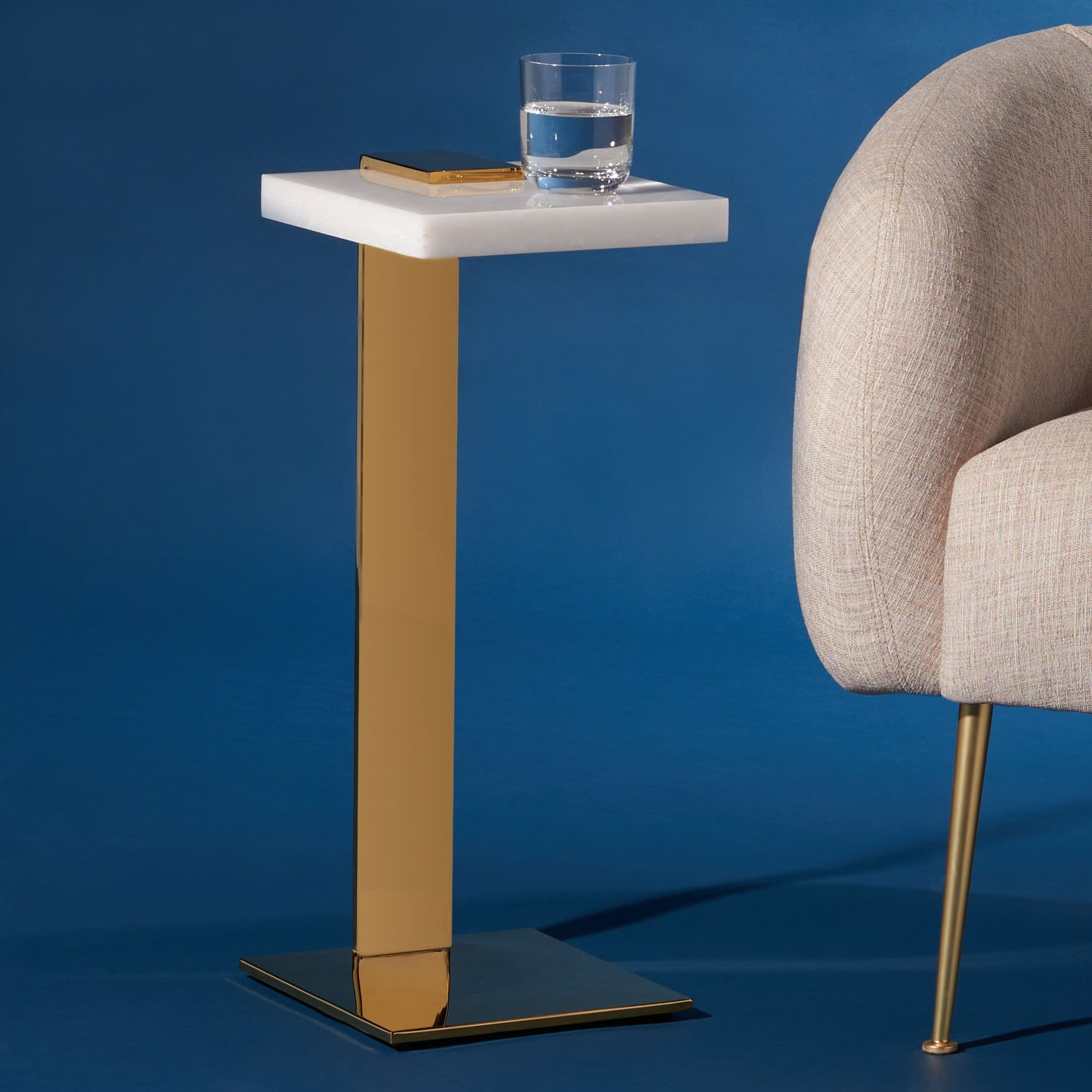 Elegant White Marble and Brass Square Drink Table