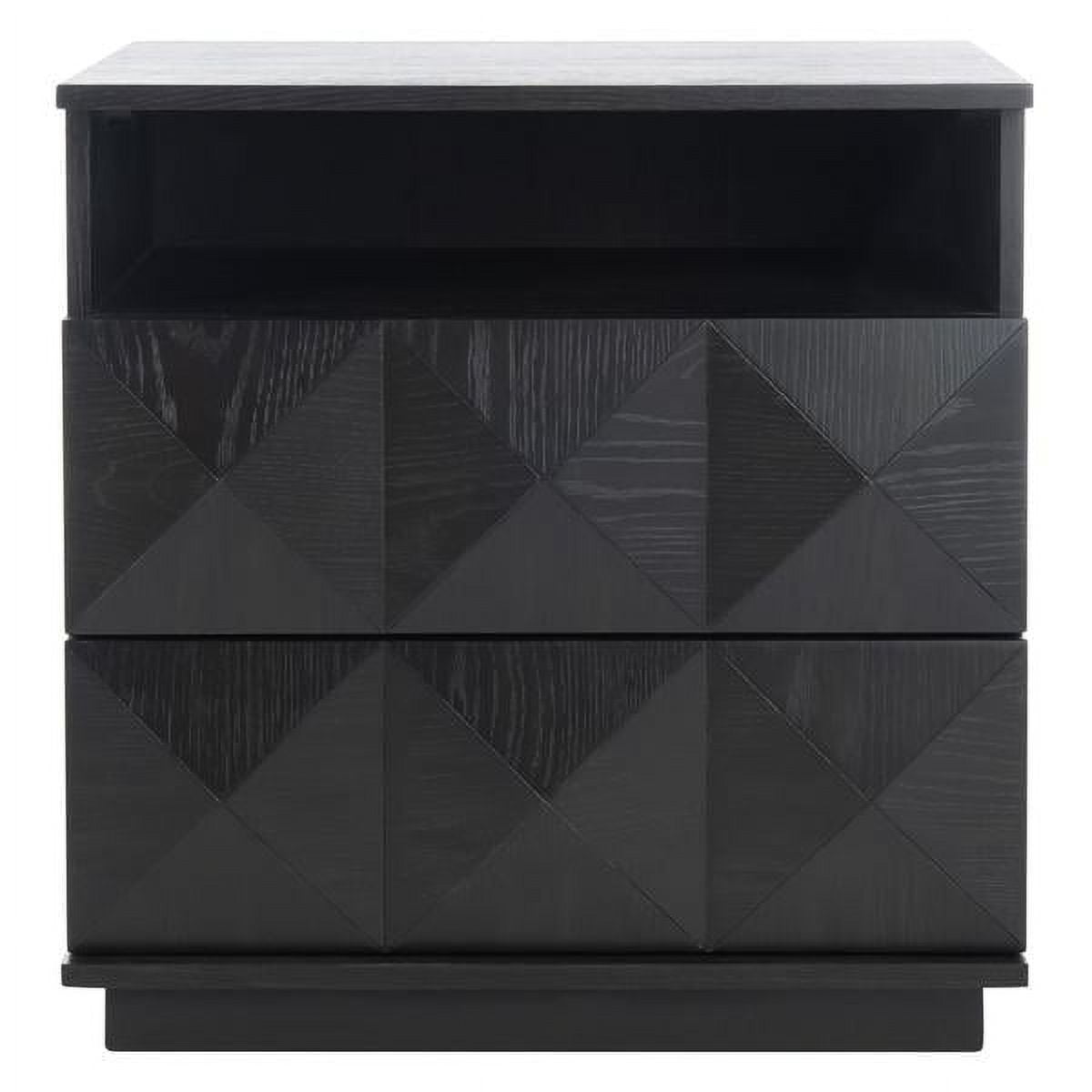 Black Geometric 2-Drawer Solid Wood Nightstand