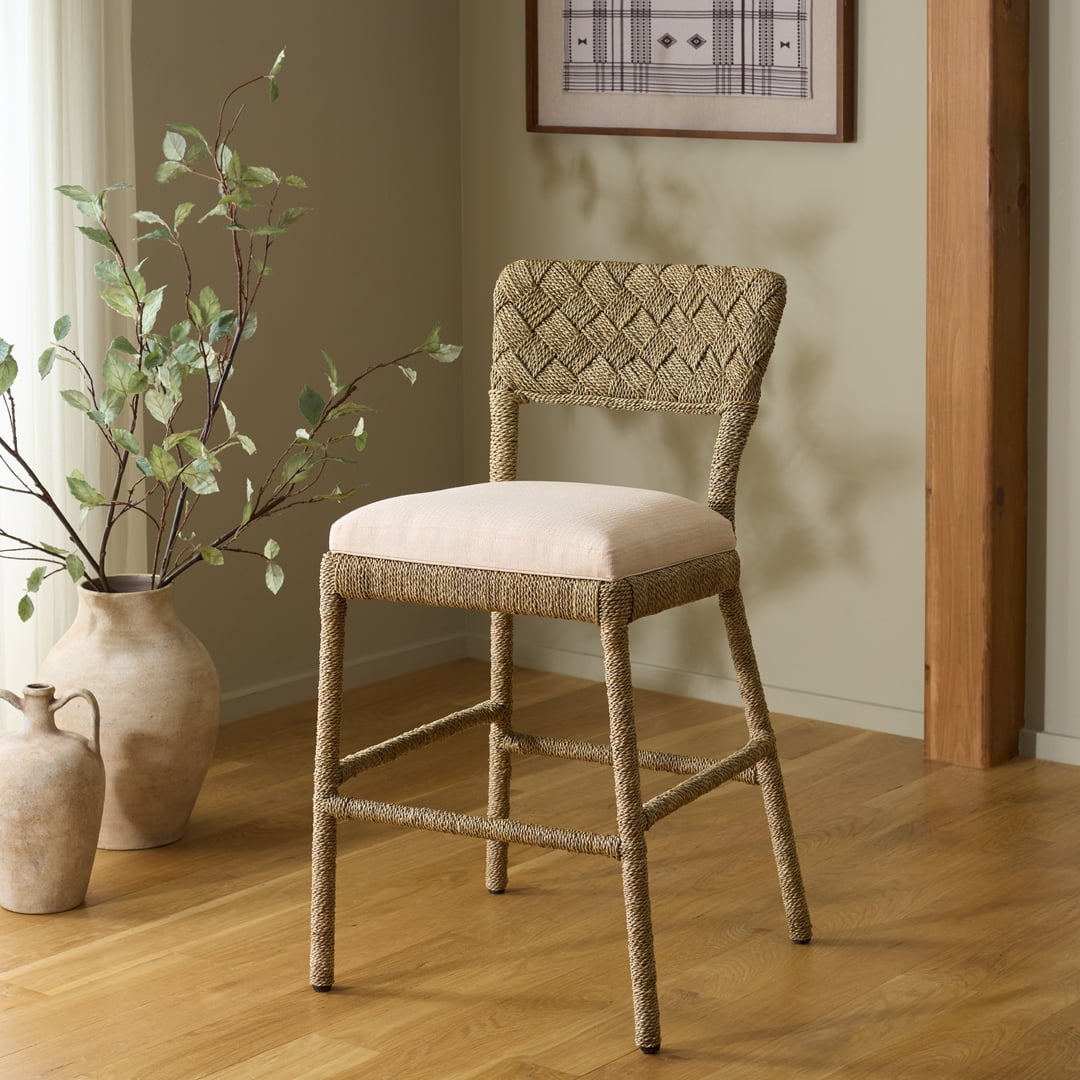 Safavieh Couture Rosemarie Woven Seagrass Mid Back Counter Stools, Natural/Beige
