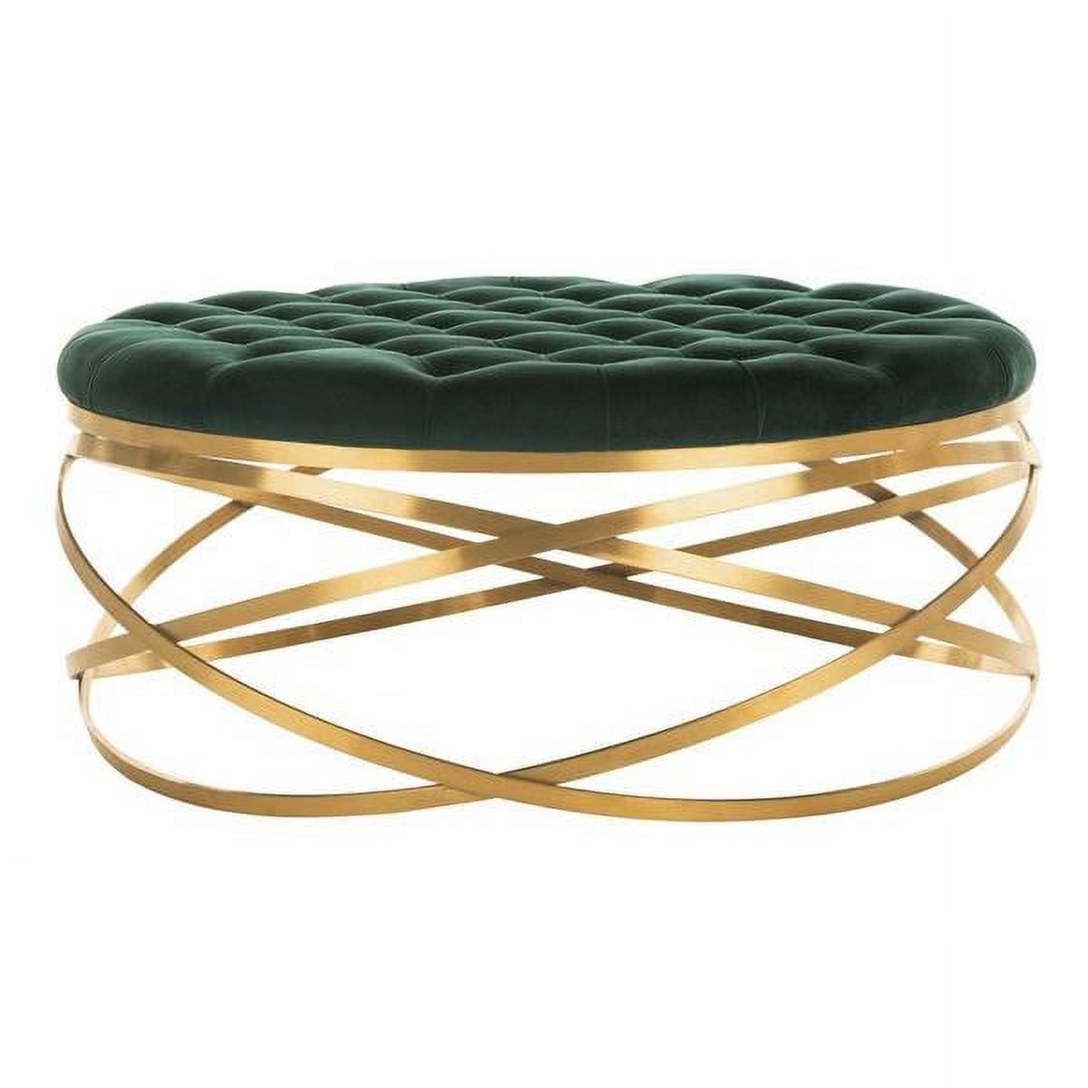 Emerald Green Tufted Velvet Round Cocktail Ottoman with Gold Metal Legs