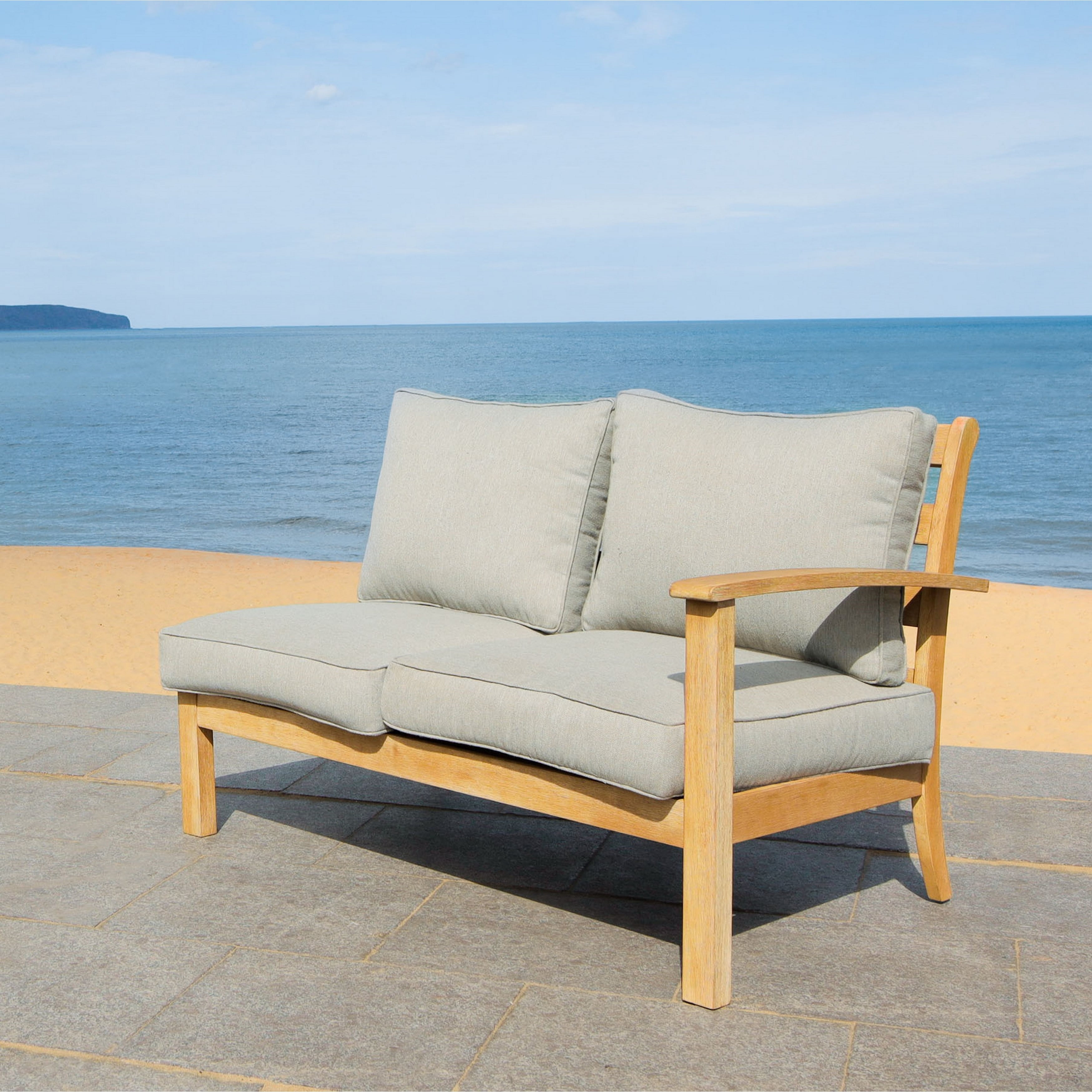 Natural Eucalyptus Wood U-Shaped Patio Sectional with Light Gray Cushions
