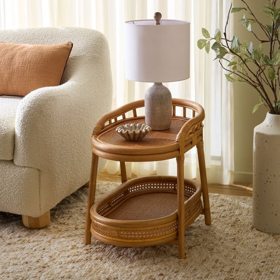 Safavieh Couture Shayleen Rattan Pole 2 Shelf Modern End Table, Natural