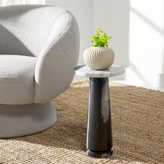 Safavieh Couture Valentia Scandinavian Marble and Manufactured Wood Round End Table, White/Black