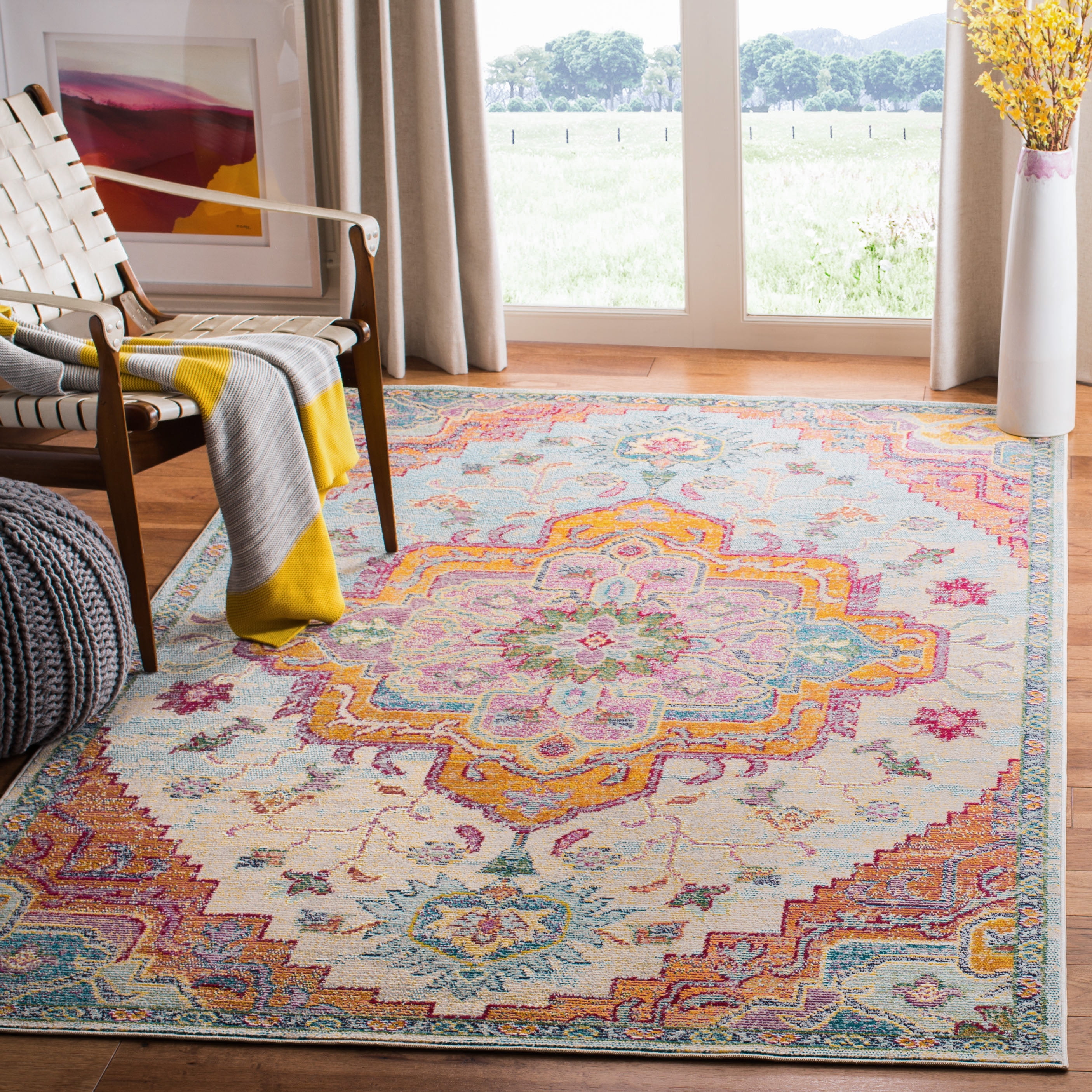 Light Blue and Fuchsia Square Oriental Synthetic Area Rug