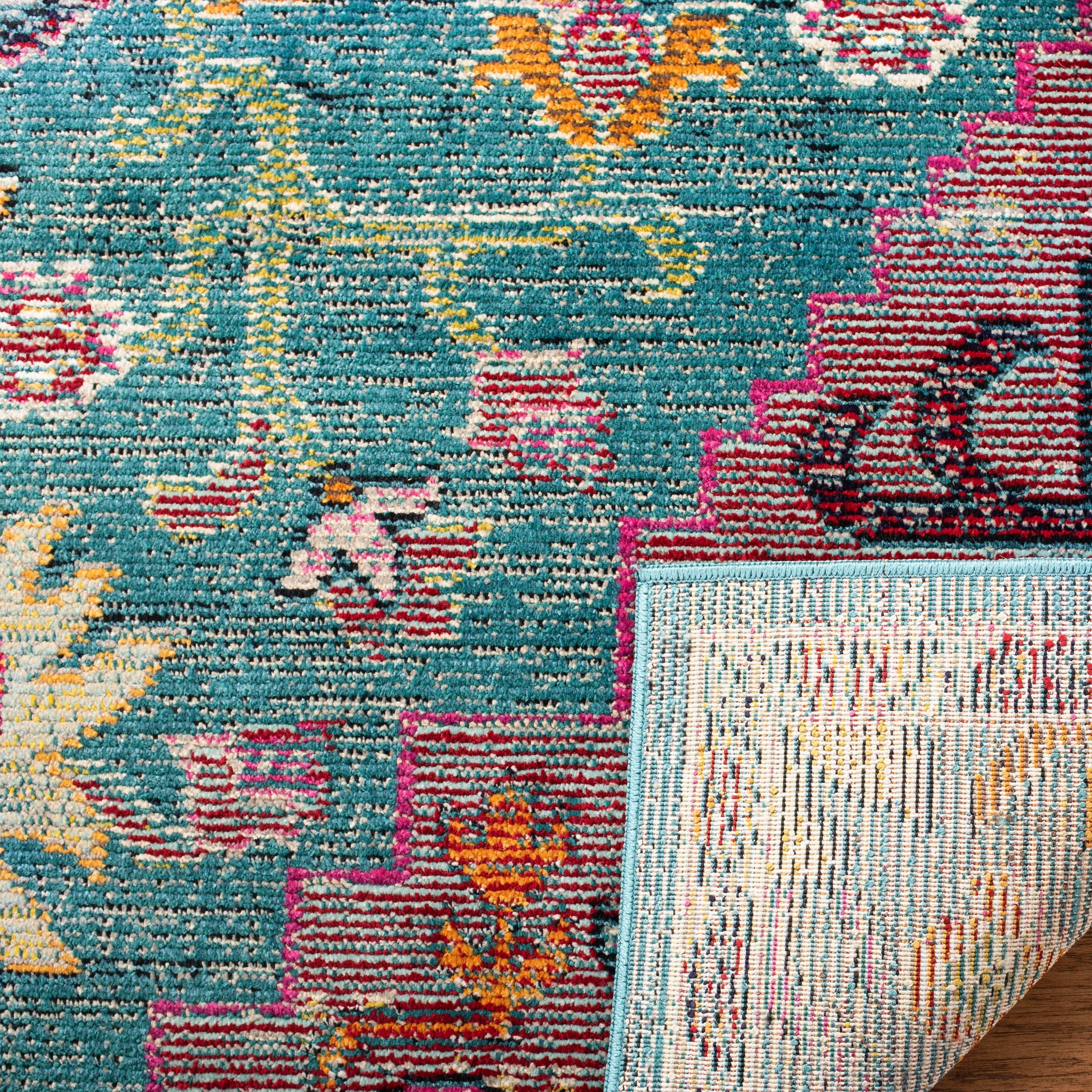 Teal and Rose Oriental Square Easy-Care Synthetic Rug