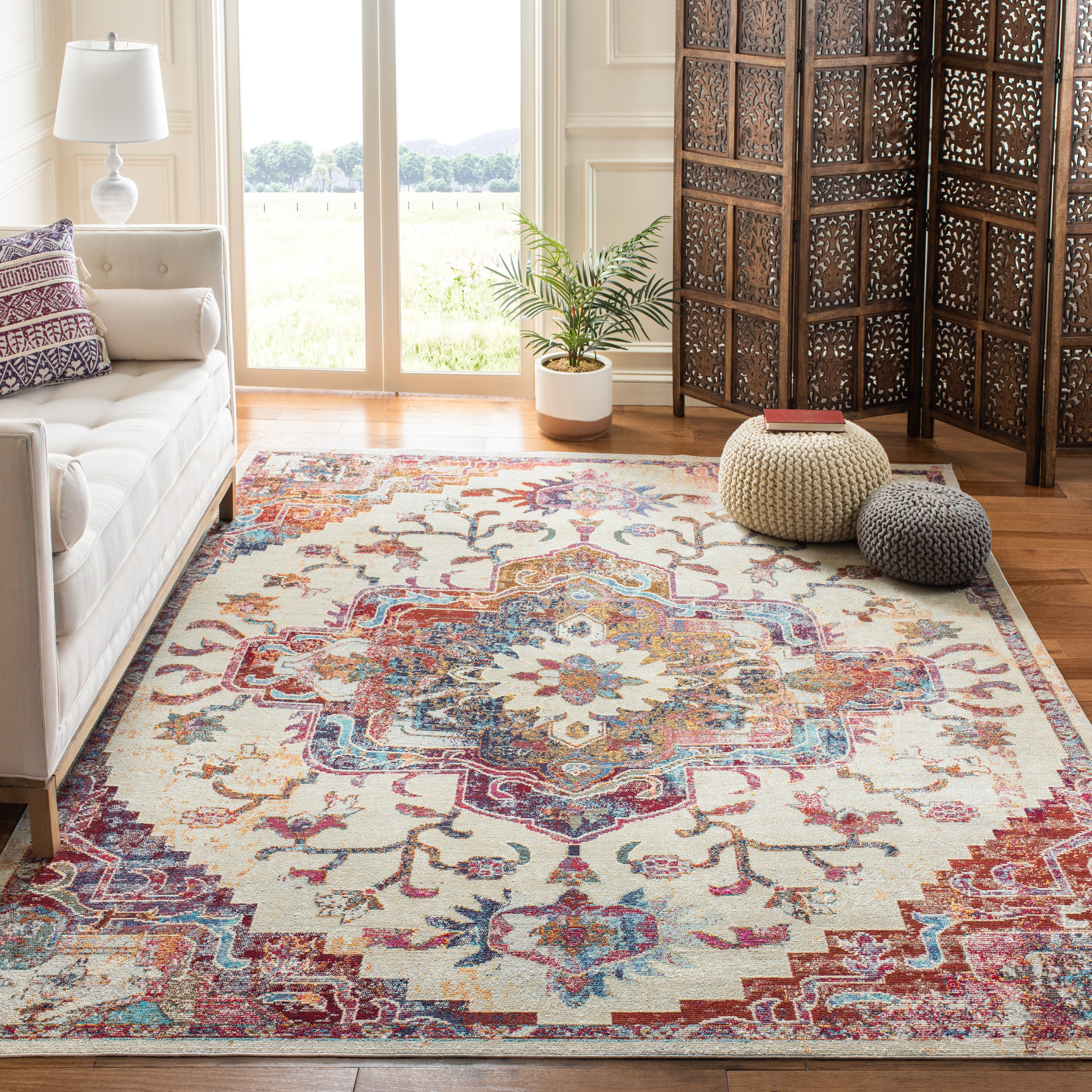 SAFAVIEH Crystal Debra Southwestern Area Rug, Light Blue/Burgundy, 7' x 7' Square