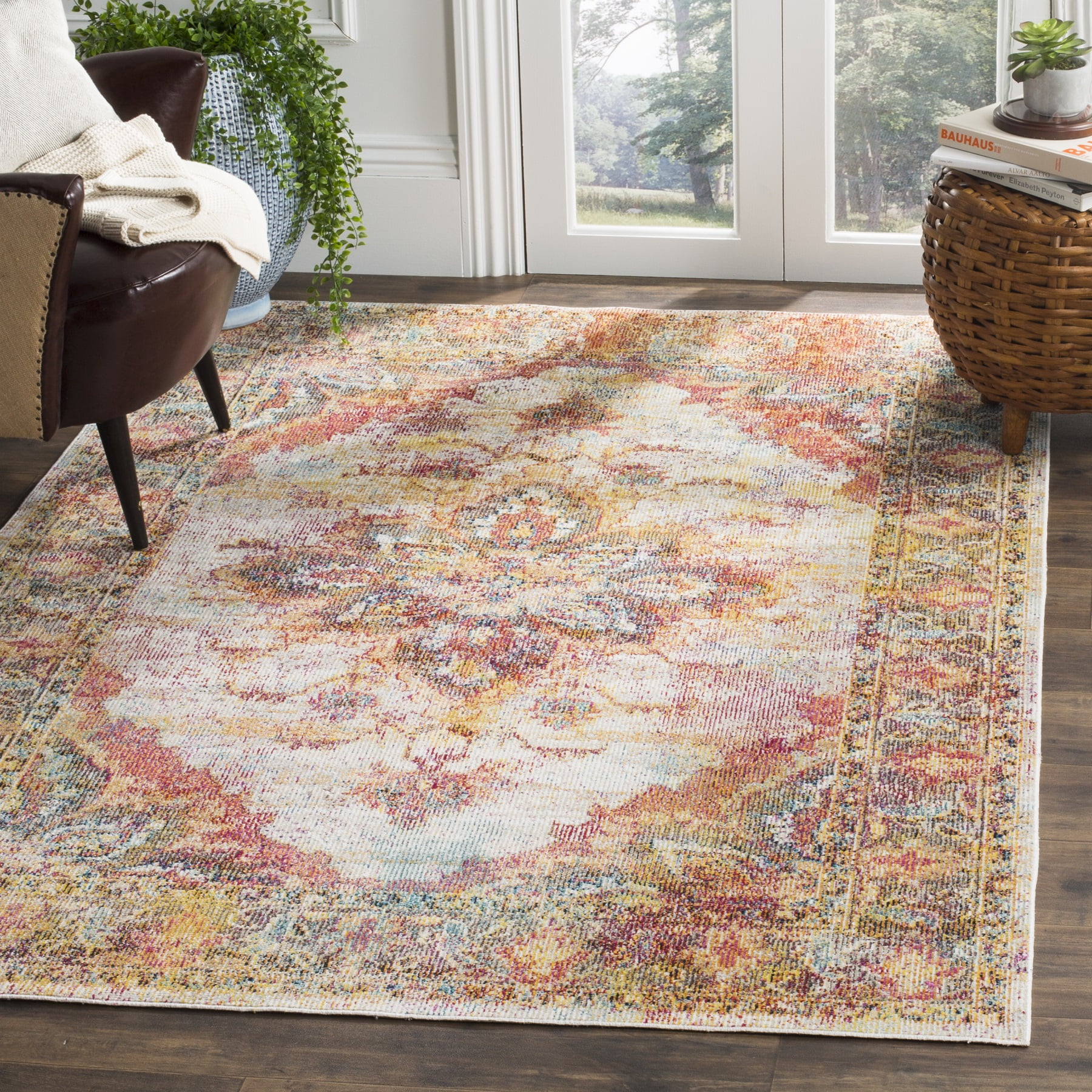 Cream and Rose Medallion Synthetic 4' x 6' Area Rug
