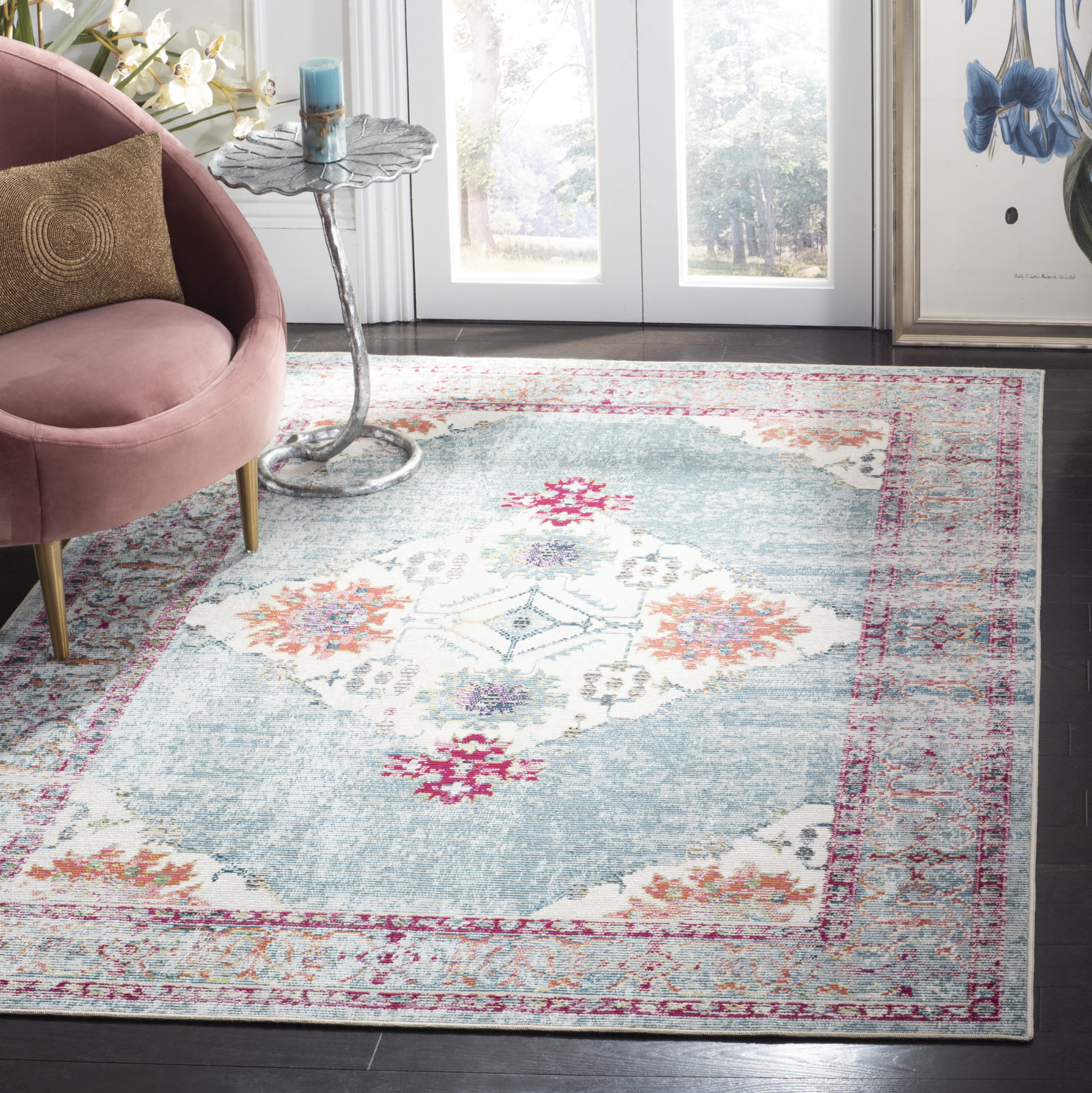 Cream and Turquoise 60" Easy-Care Synthetic Rectangular Rug