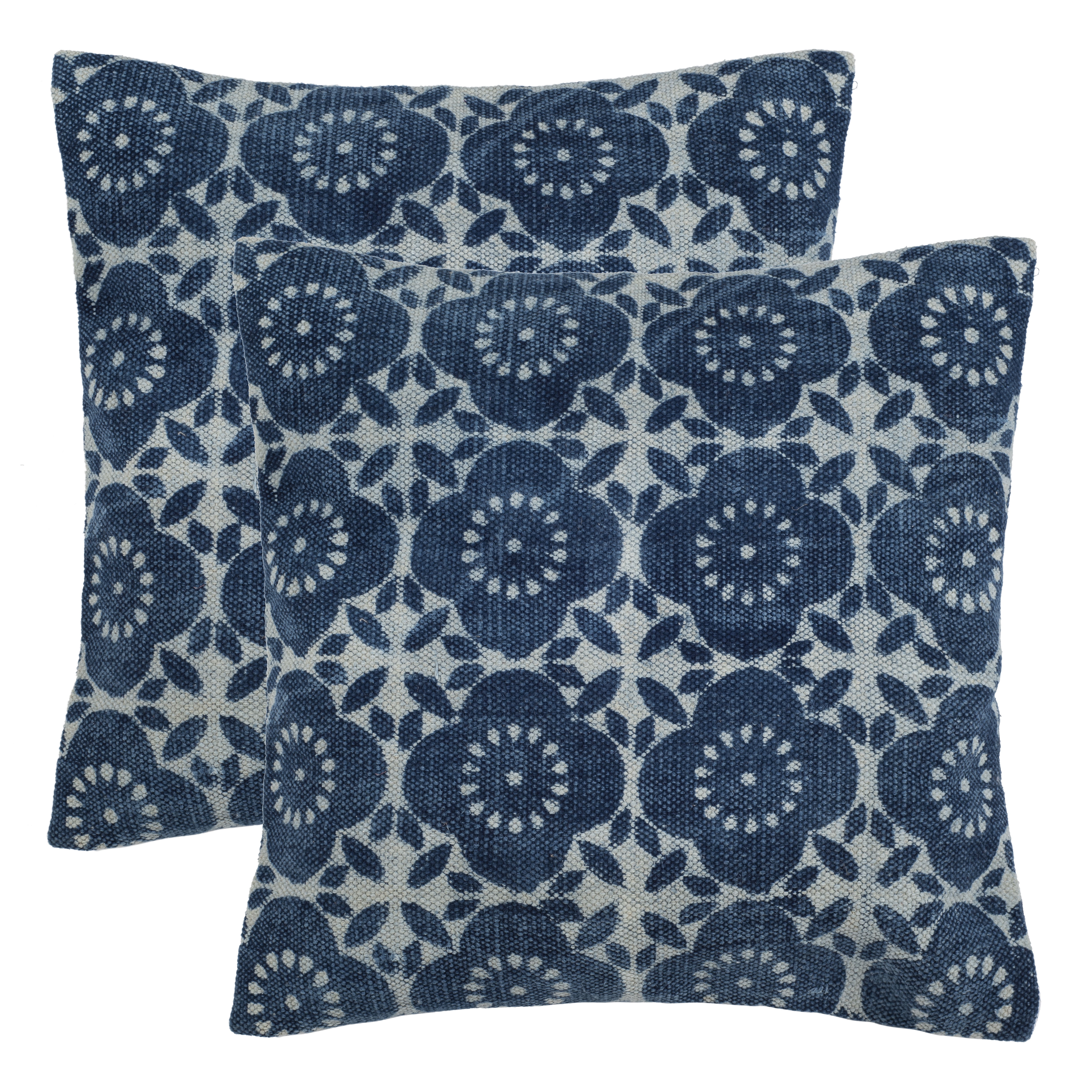 Blue Floral Cotton Square Accent Pillow Set