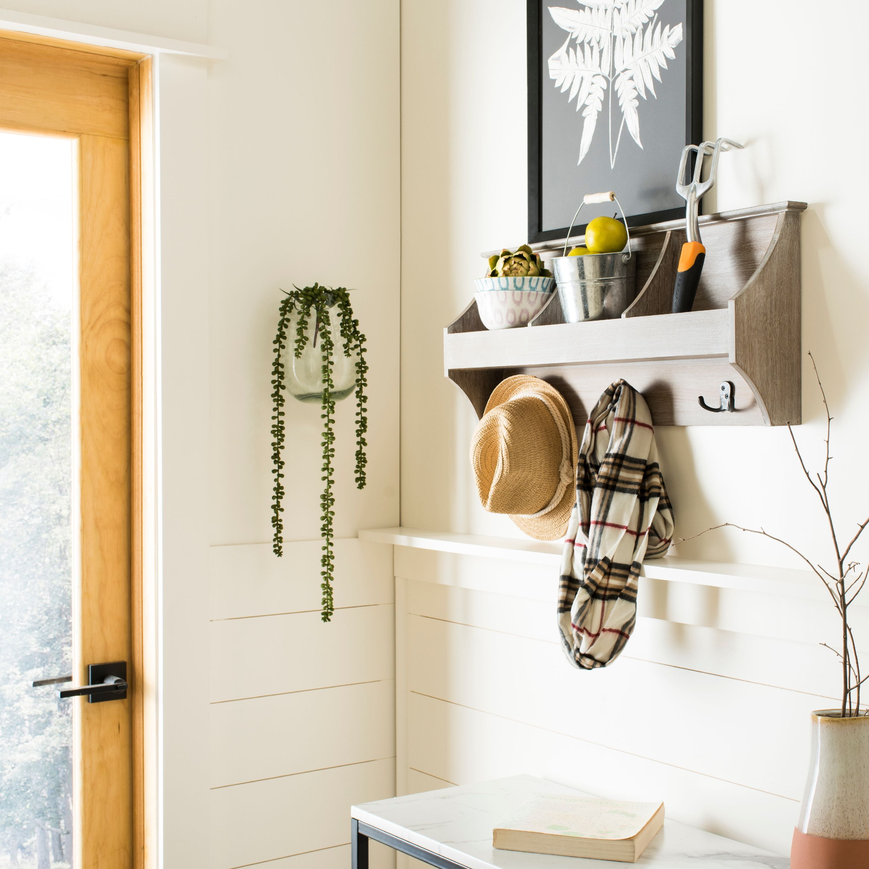 Darcey Gray Wood Hanging Storage Wall Rack with Double Hooks