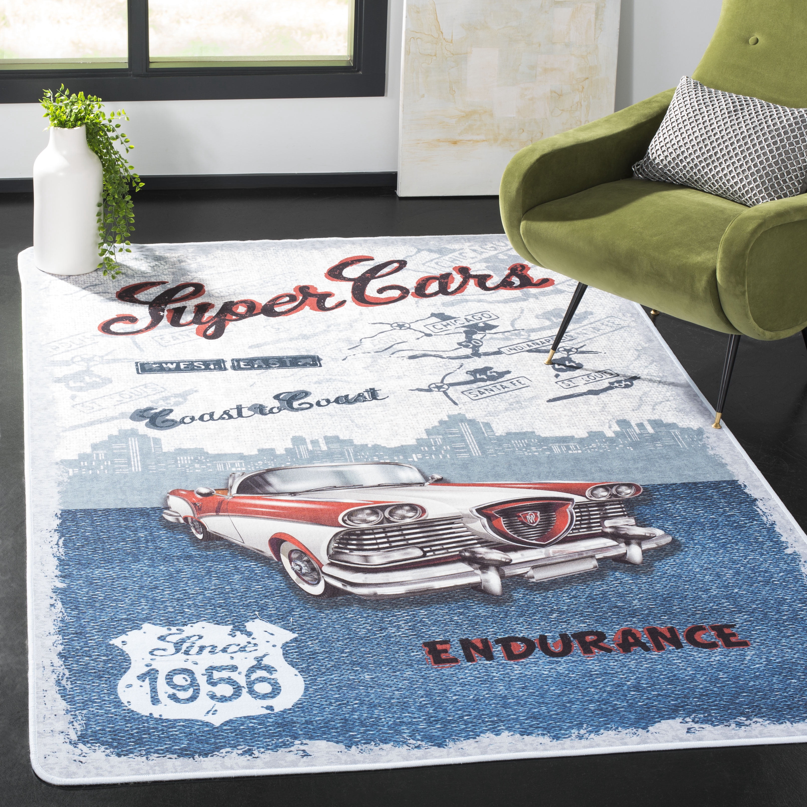 Safavieh Daytona Emil Novelty Polyester Machine Washable Area Rug, Light Gray/Blue, 5'1" x 7'6"
