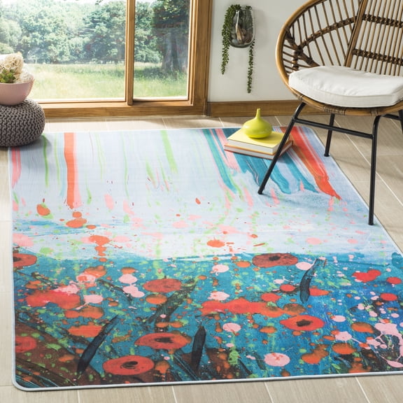 Safavieh Daytona Felicia Abstract Polyester Machine Washable Area Rug, Teal/Orange, 3' x 5'