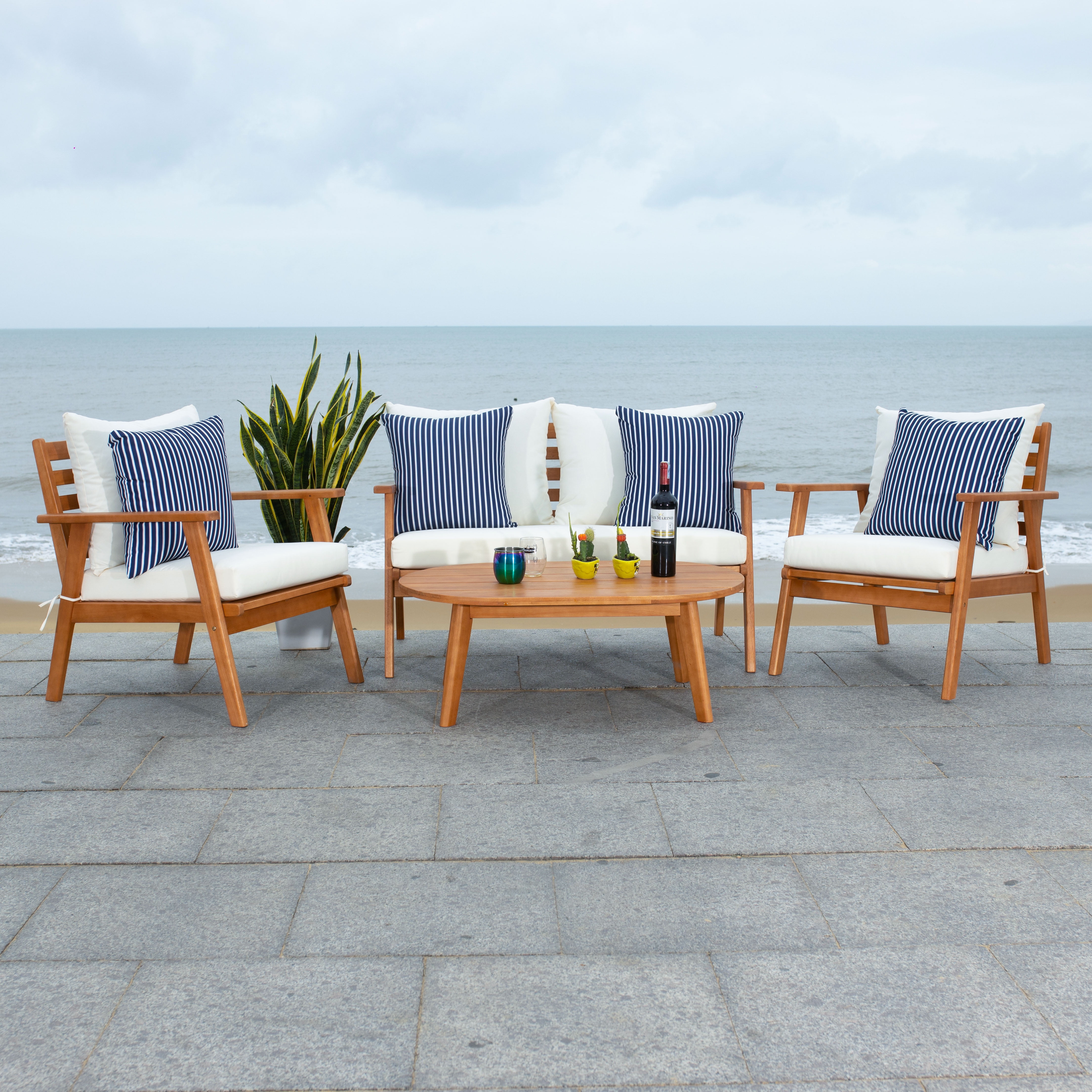 Natural Acacia Wood Outdoor Living Set with Beige Cushions and Navy Striped Pillows