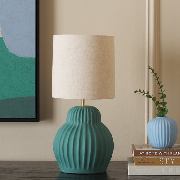 Safavieh Destryn 18" Traditional Teal Paper Mache Table Lamp with Off-White Shade