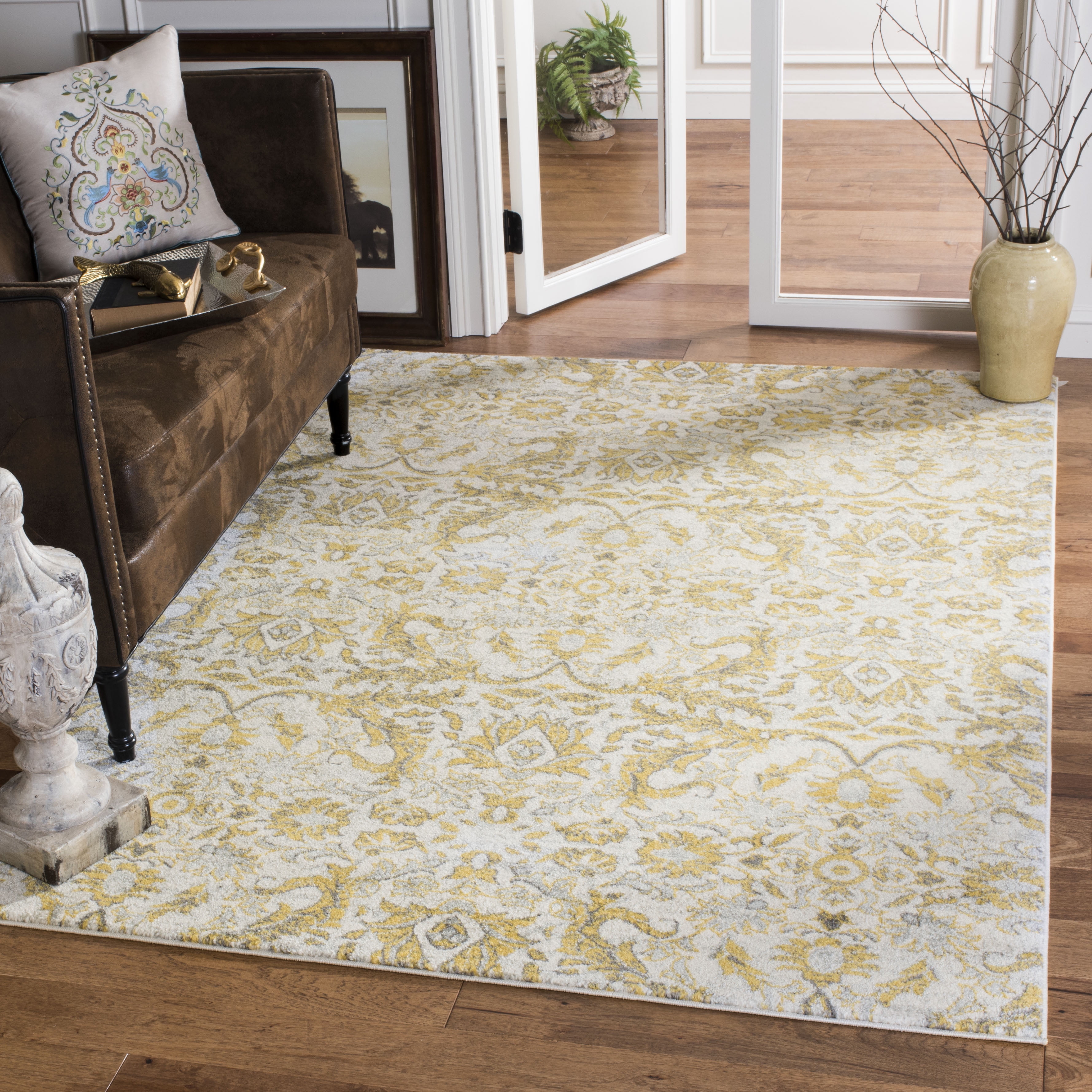 Ivory and Gold High Pile Floral Synthetic Area Rug