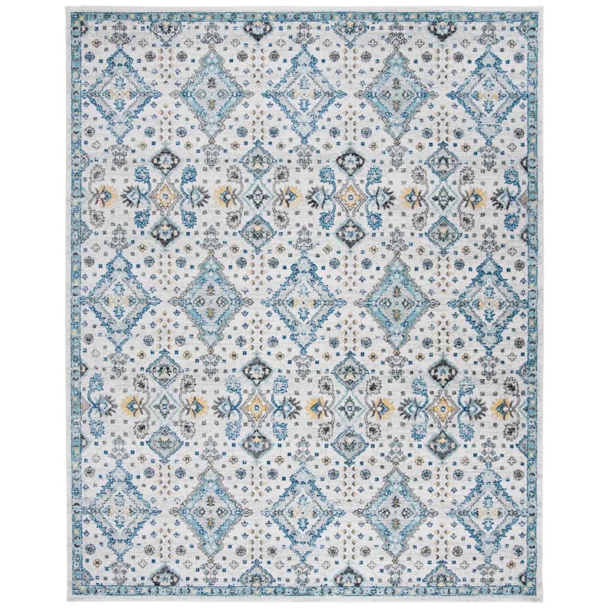 Ivory and Light Blue Floral High Pile Synthetic Rug