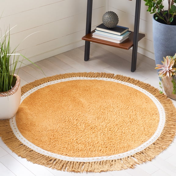Safavieh Easy Care Willard Solid Cotton Machine Washable Area Rug, Yellow/Ivory, 4' x 4' Round