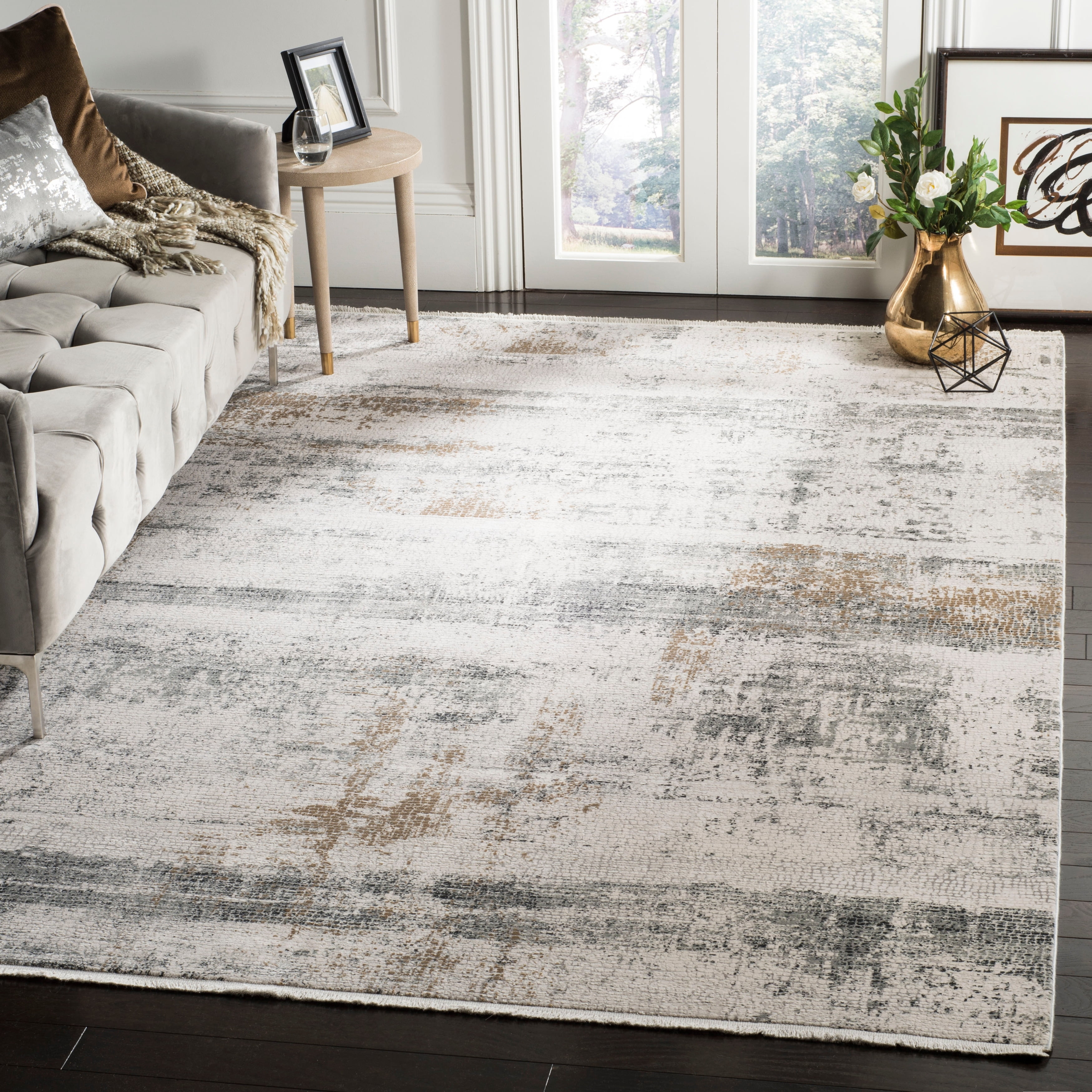 Gray Abstract Viscose Rug with Fringe 5'1" x 7'6"