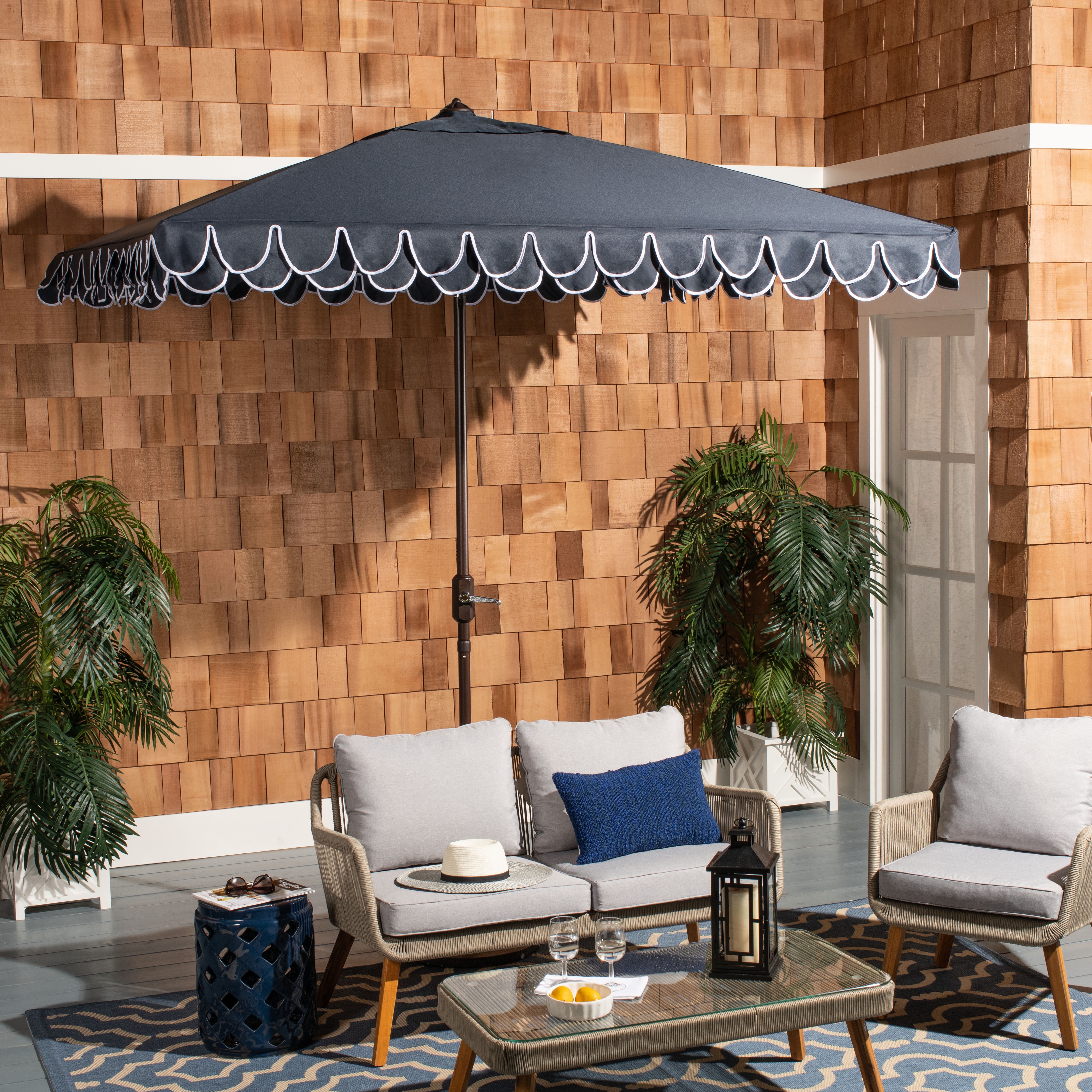 Elegant Navy and White 7.5 Ft Square Patio Umbrella with Valance