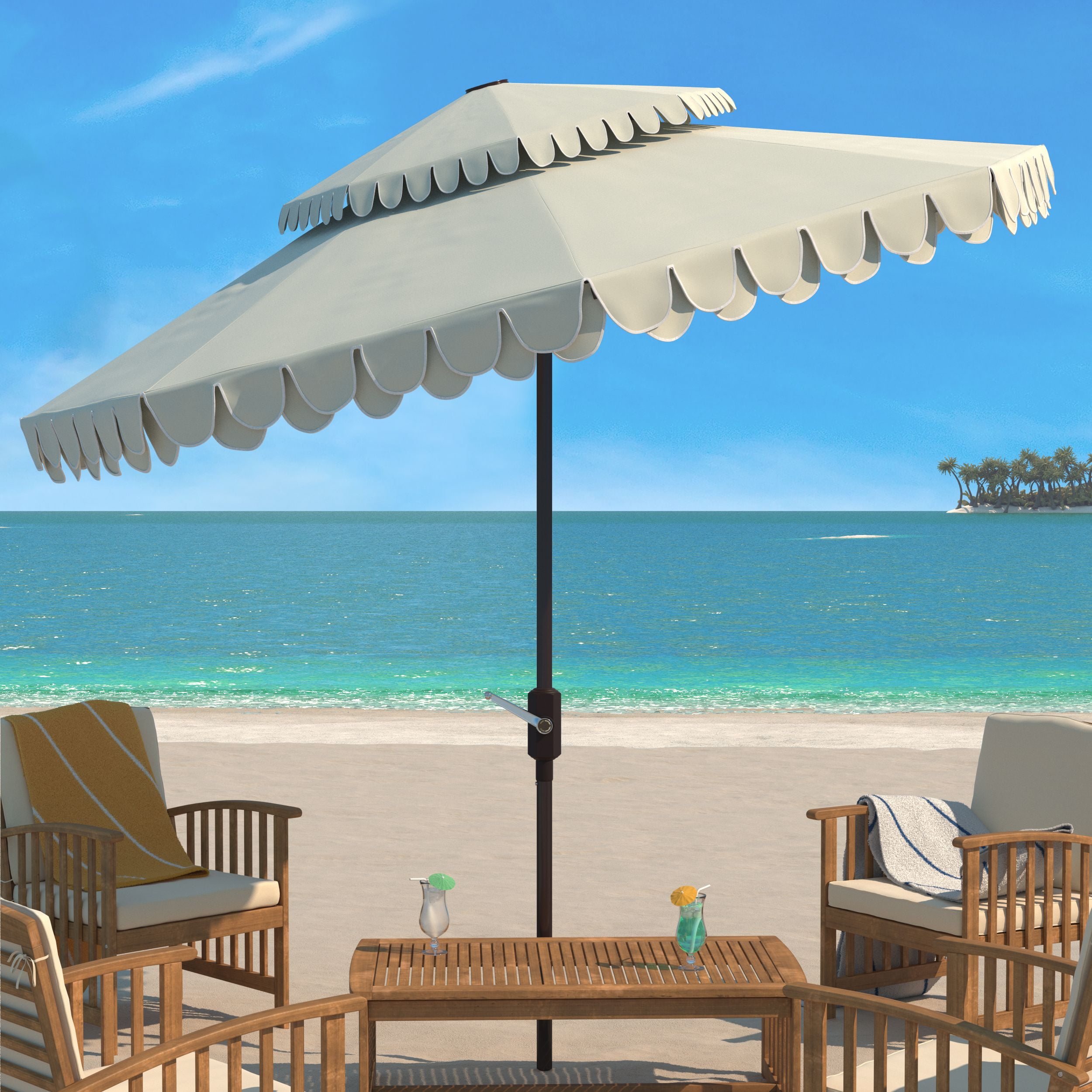 Safavieh Elegant Valance 9ft Metal Double Top Umbrella in Beige and White