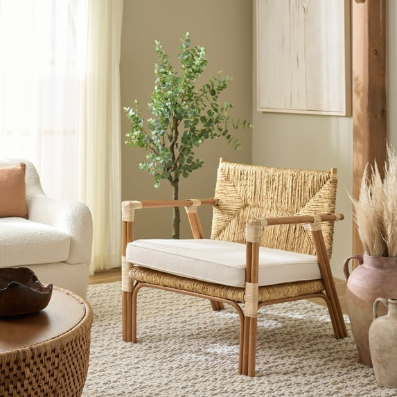 Safavieh Elexa Modern Rattan and Fabric Dining Arm Chairs, Natural/White
