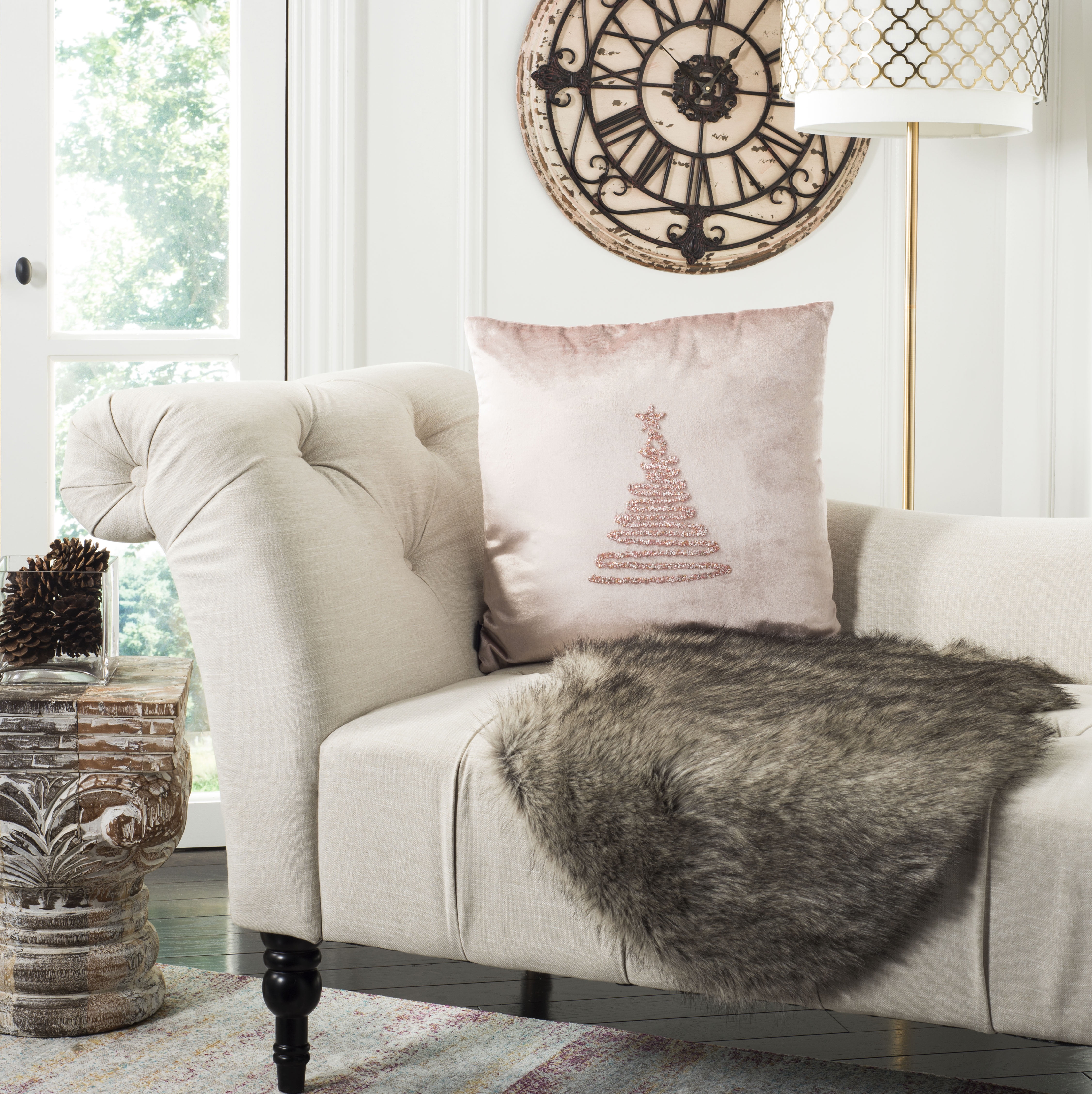 Beige 20" Square Cotton and Viscose Holiday Pillow