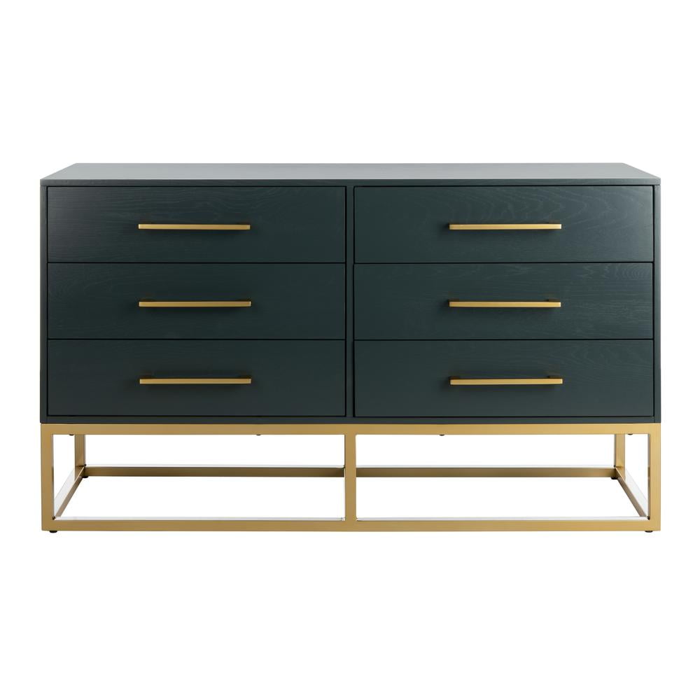Estelle Transitional Teal 6-Drawer Dresser with Brass Accents