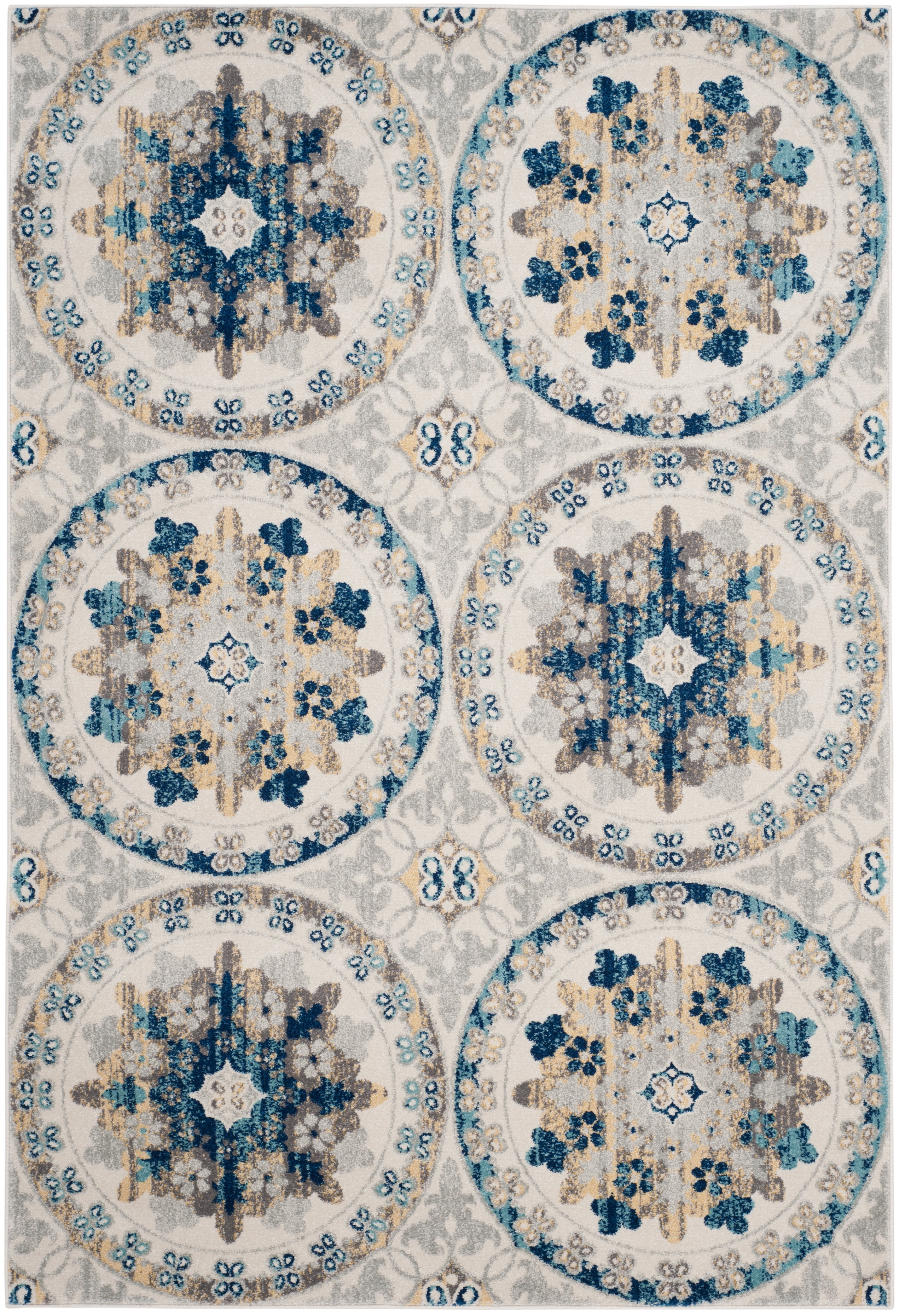 Ivory and Blue Geometric Synthetic Easy Care Rug