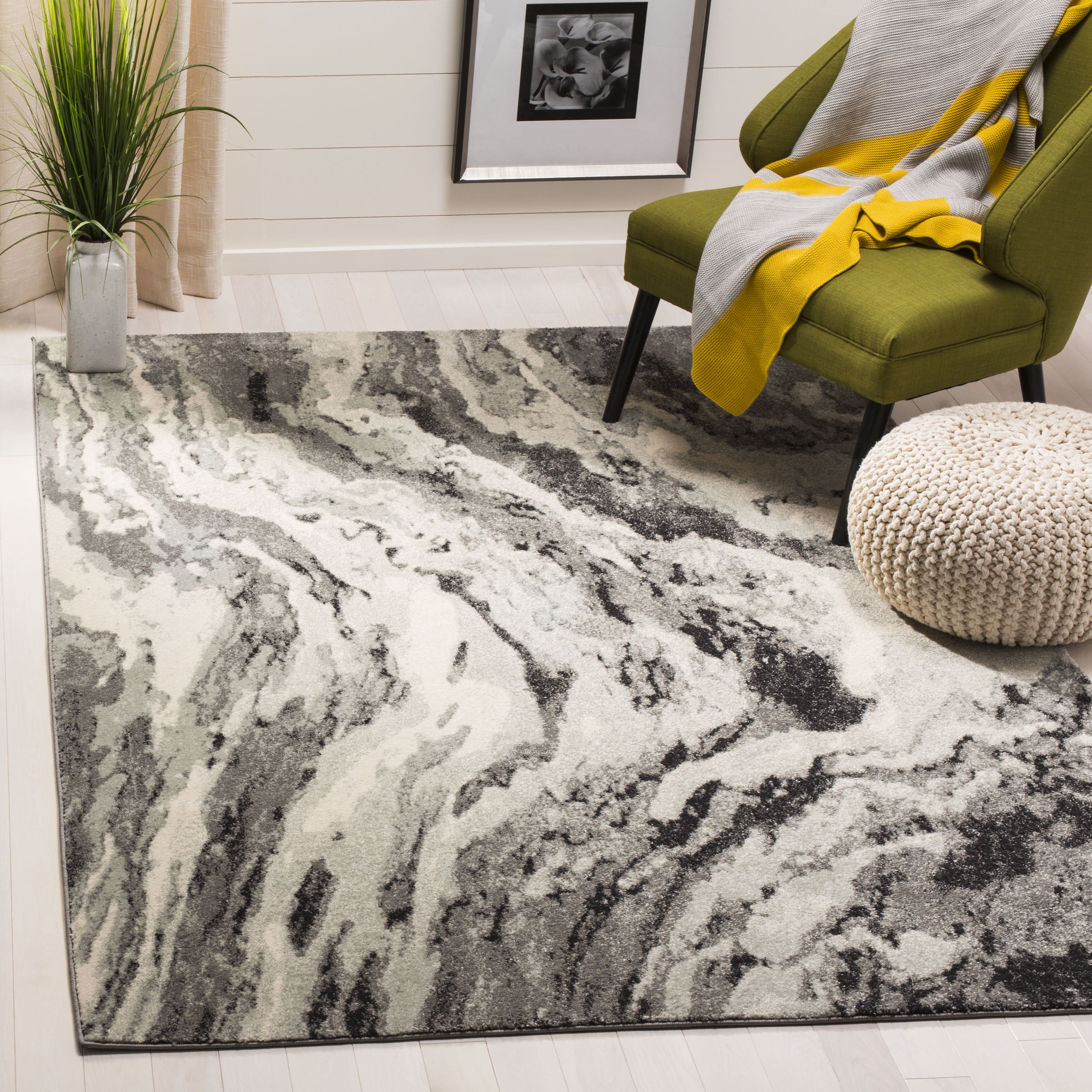 Gray Abstract Low Pile Square Area Rug