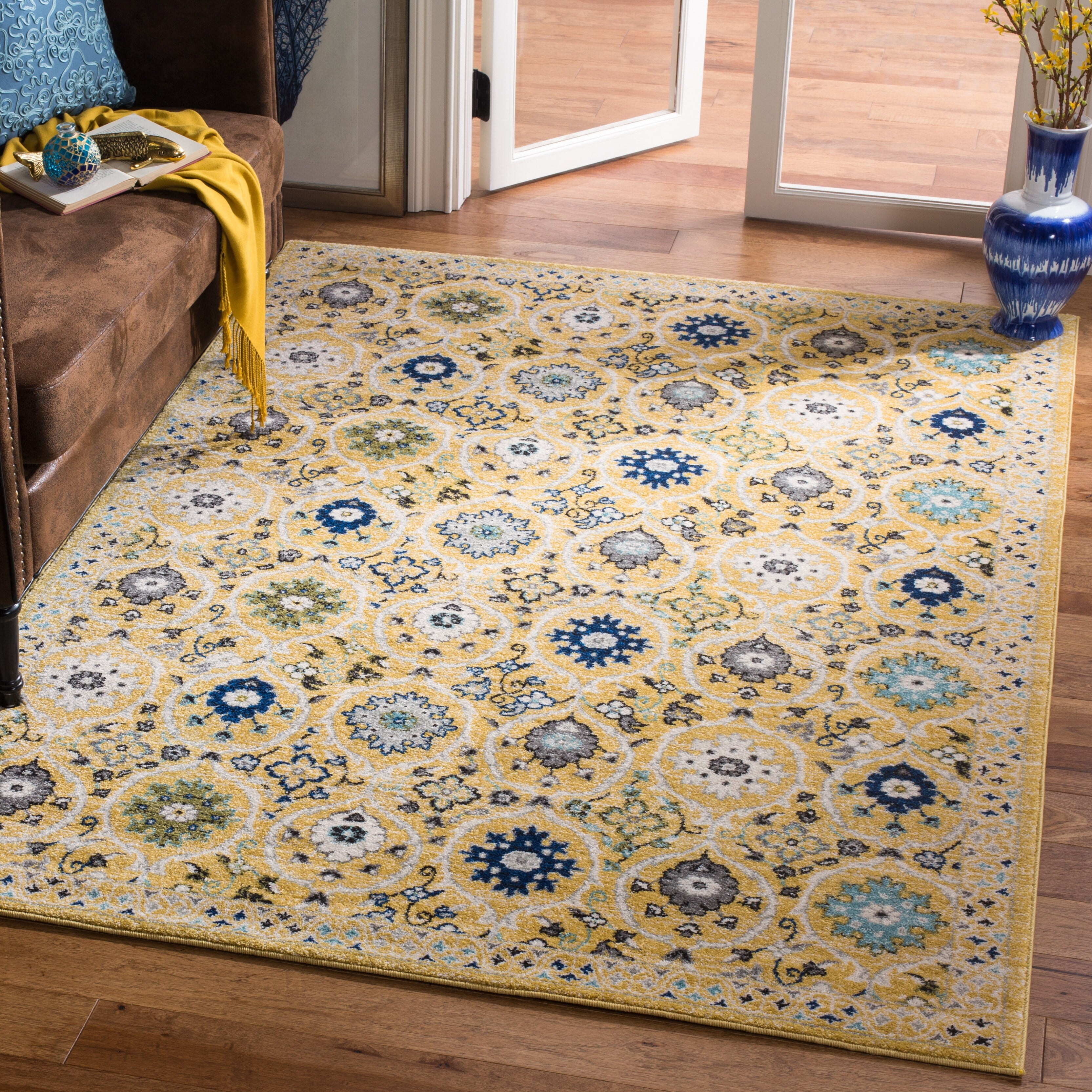Gold and Ivory Floral Geometric 4' x 6' Area Rug