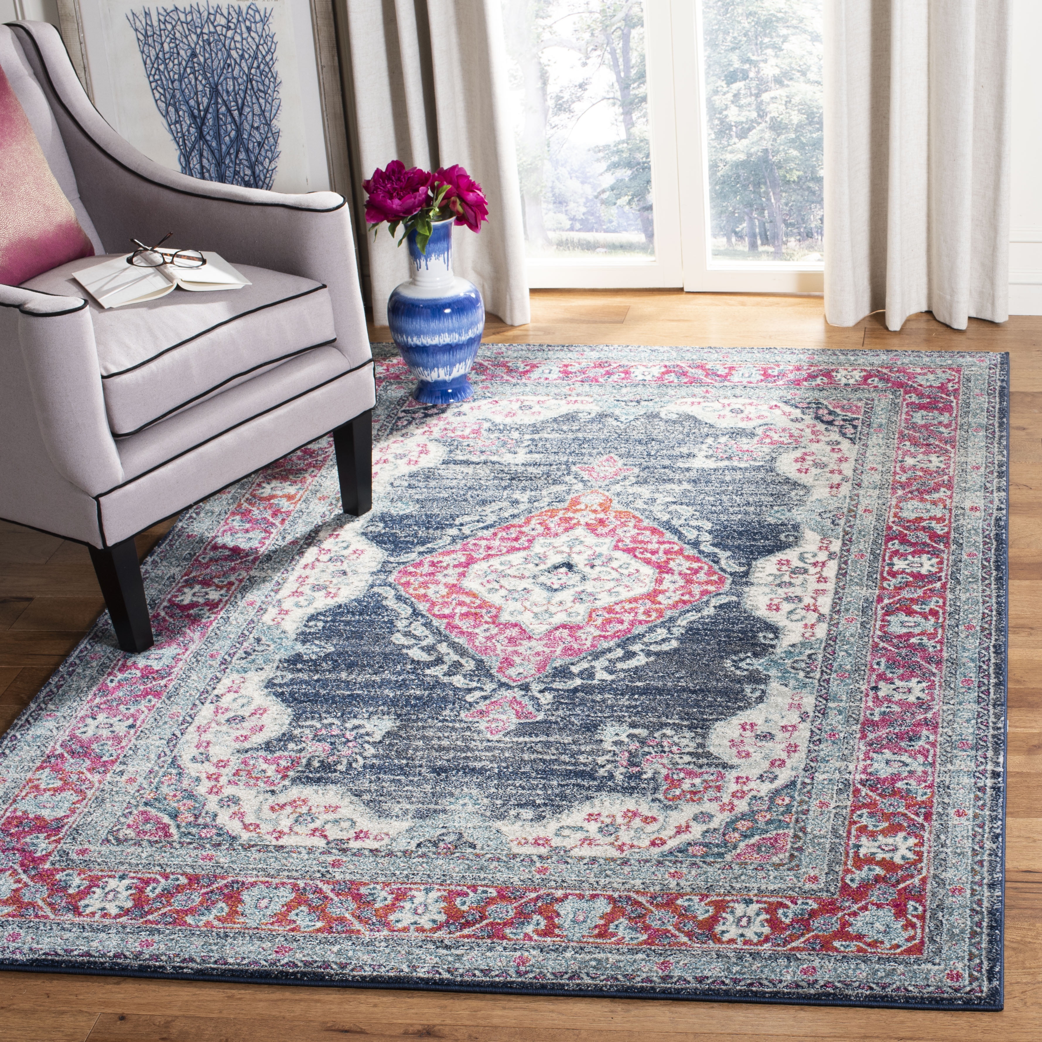 Fuchsia and Navy Synthetic Medallion Area Rug 5'1" x 7'6"