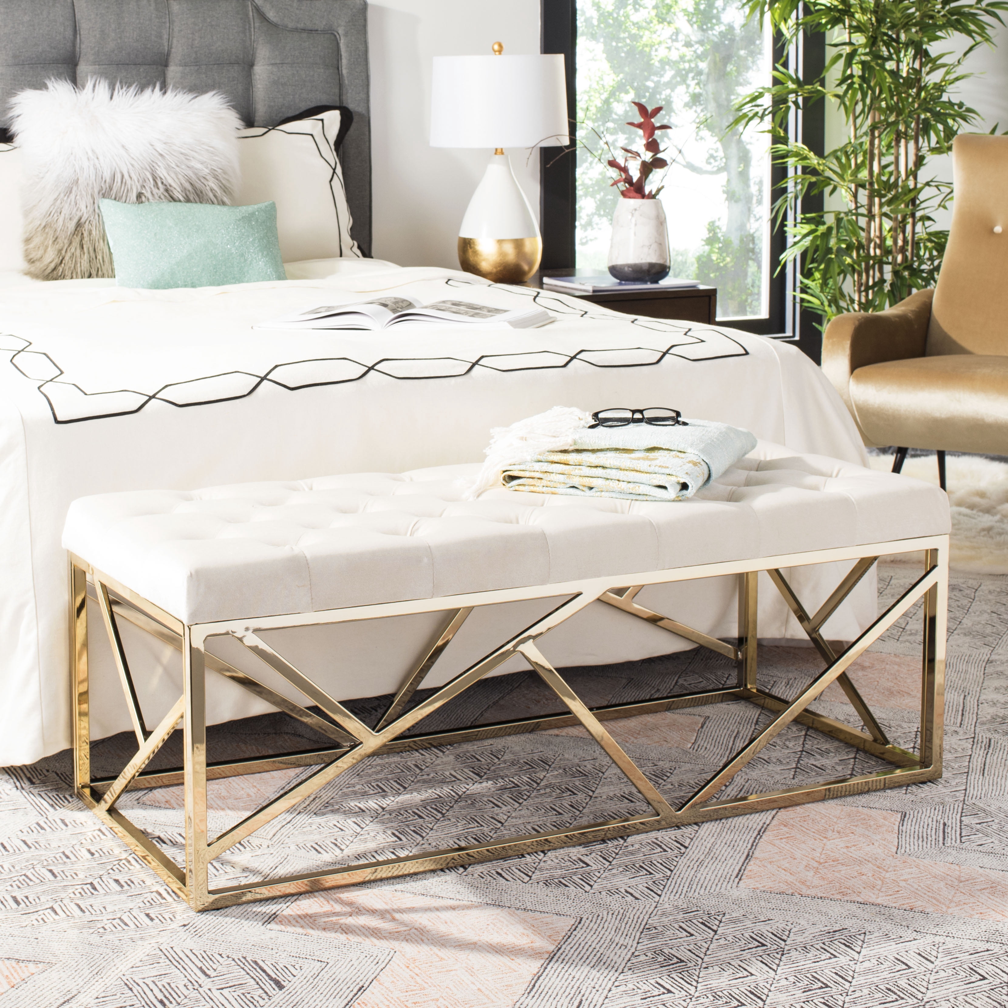 Safavieh Farah Modern Glam Rectangular Tufted Bench
