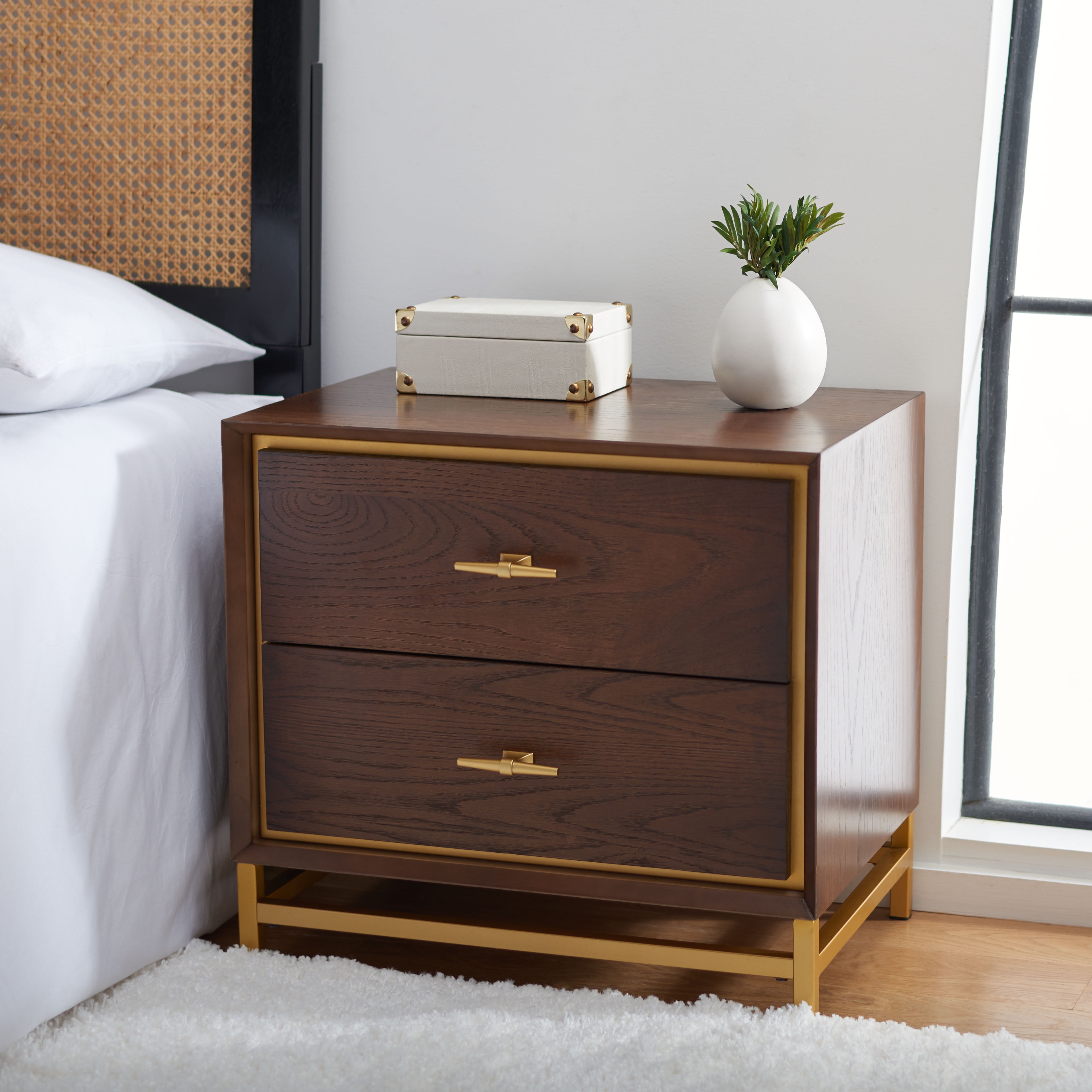 Walnut and Brass 2 Drawer Modern Nightstand with Gold Trim