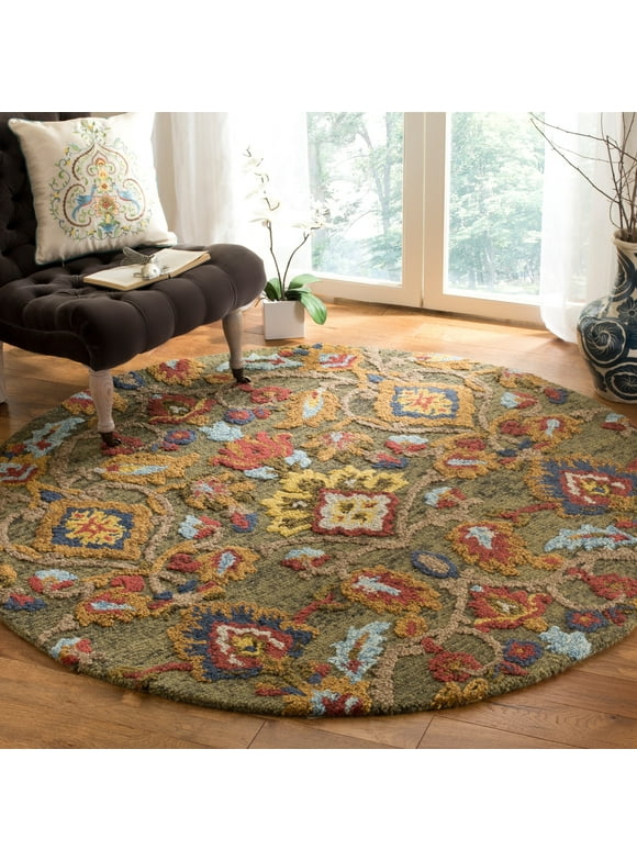 Safavieh  Fiorello Handmade Blossom French Country Wool Area Rug Green/Multi 11' x 11' Round 12' Round Indoor Living Room, Bedroom, Dining Room Round