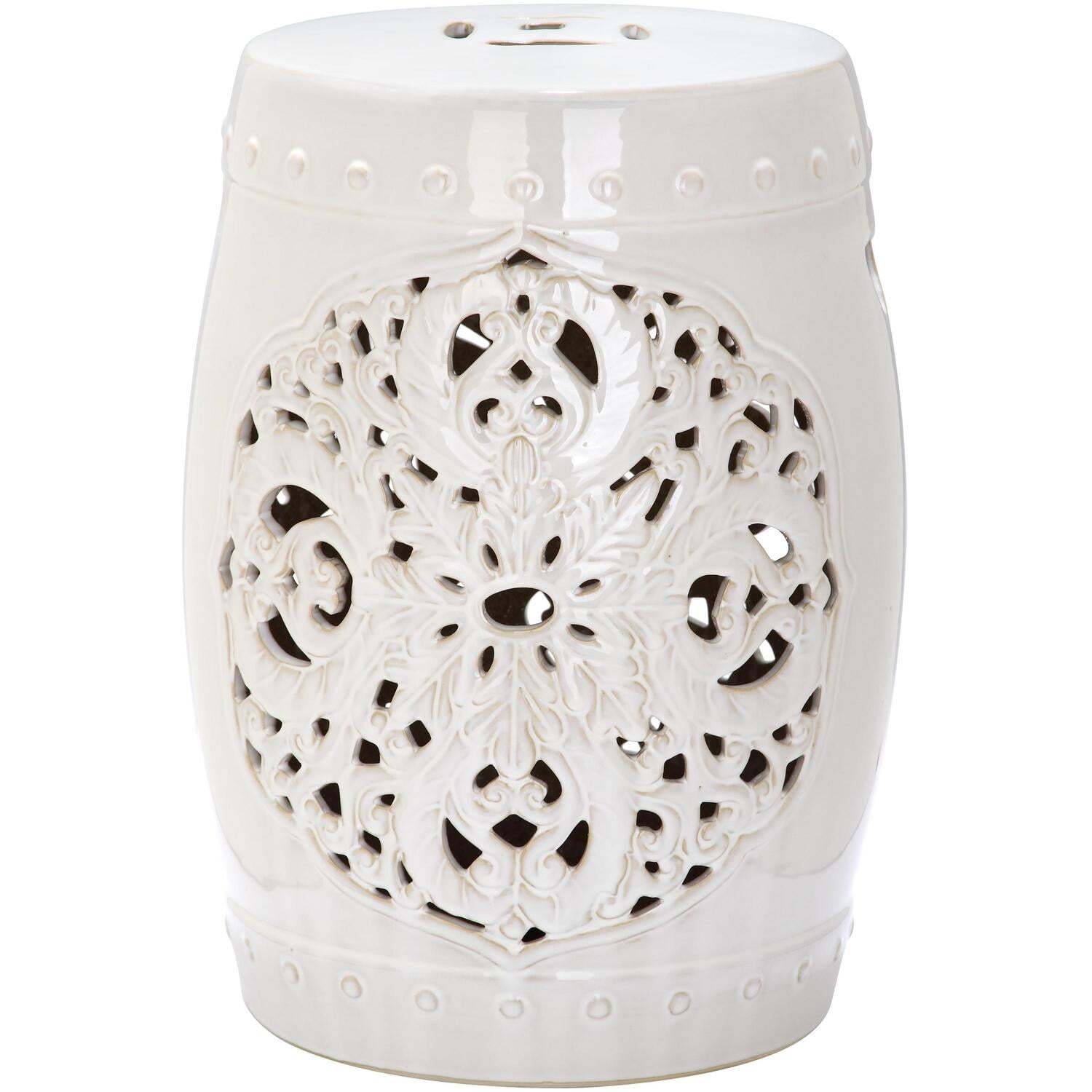 Flora White Glazed Ceramic Garden Stool with Leaf Motif