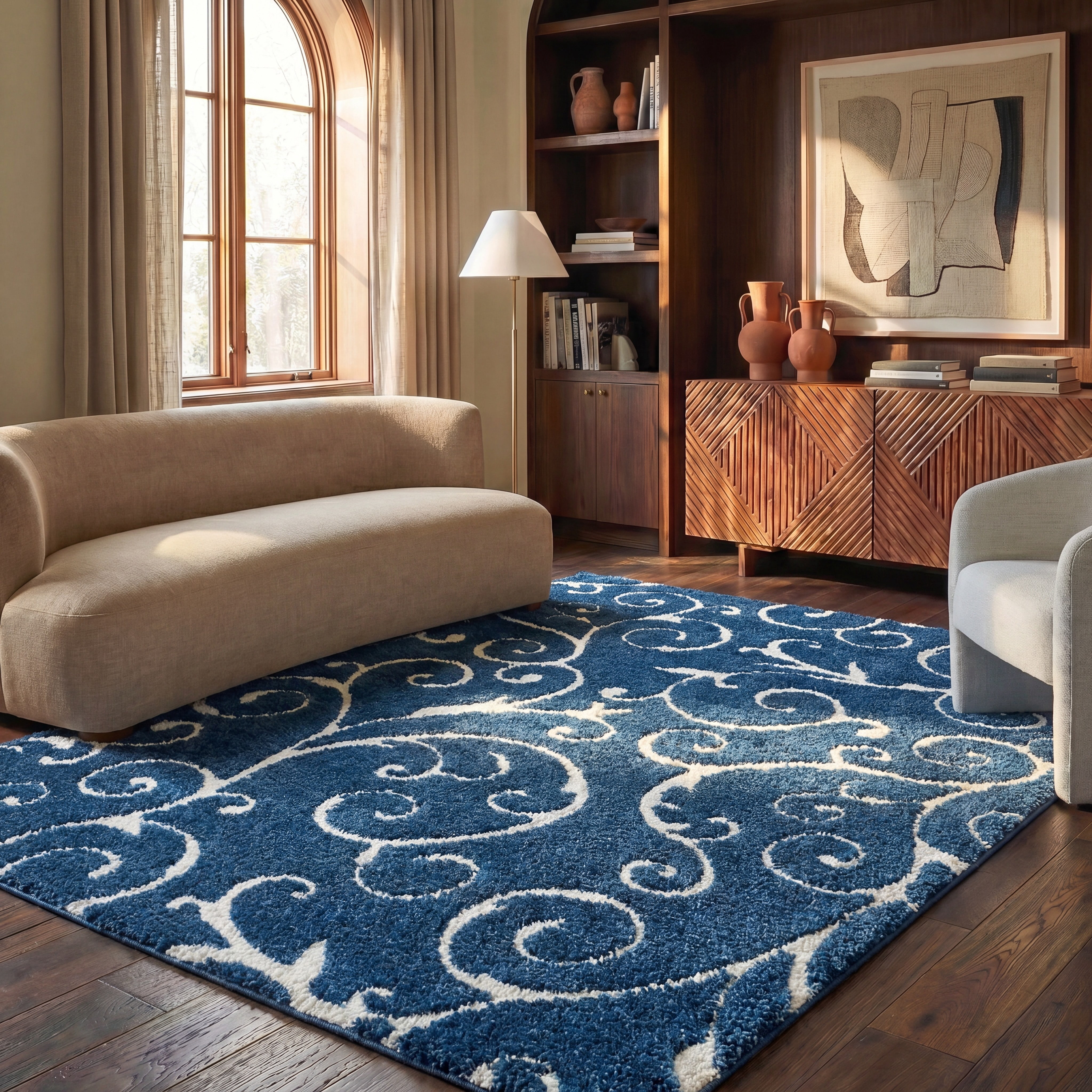 Safavieh Florida Doug Floral Vines Geometric Shag Area Rug, Dark Blue/Cream, 6' x 8'